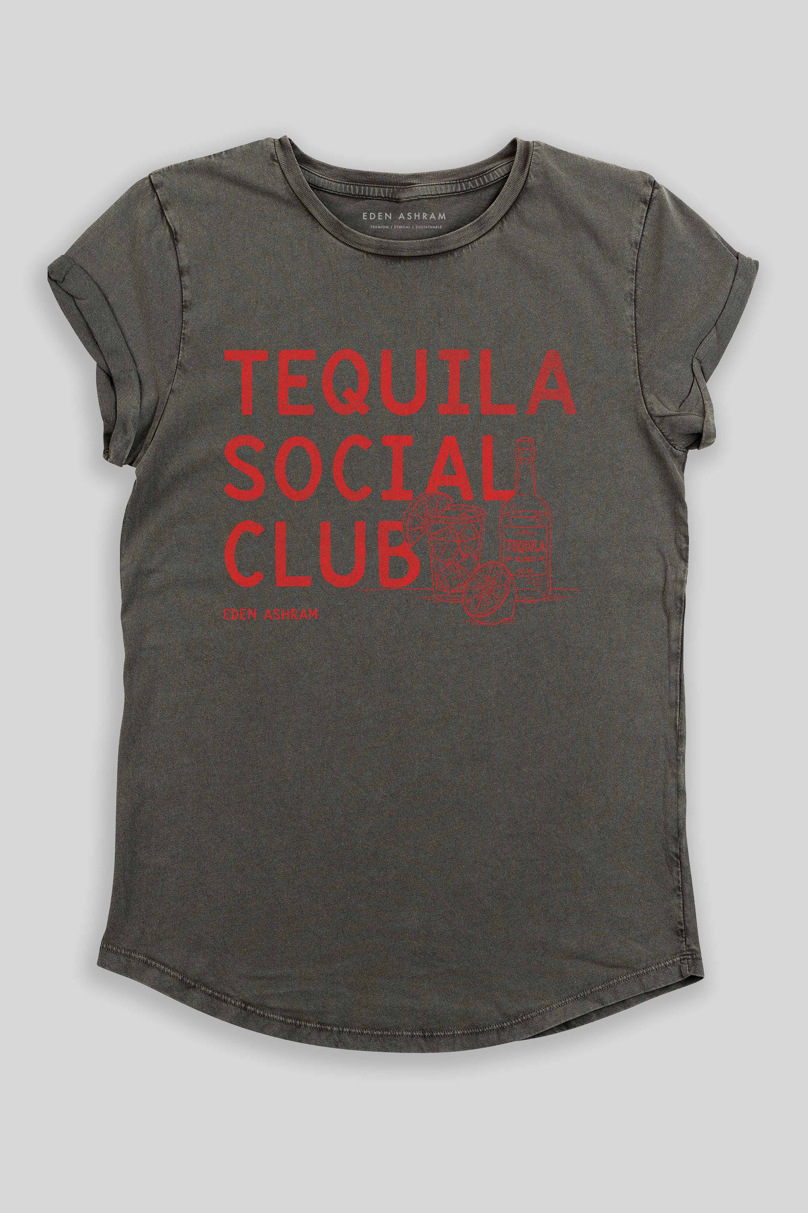Eden Ashram Tequila Social Club Premium Rolled Sleeve T-Shirt Stonewash Grey