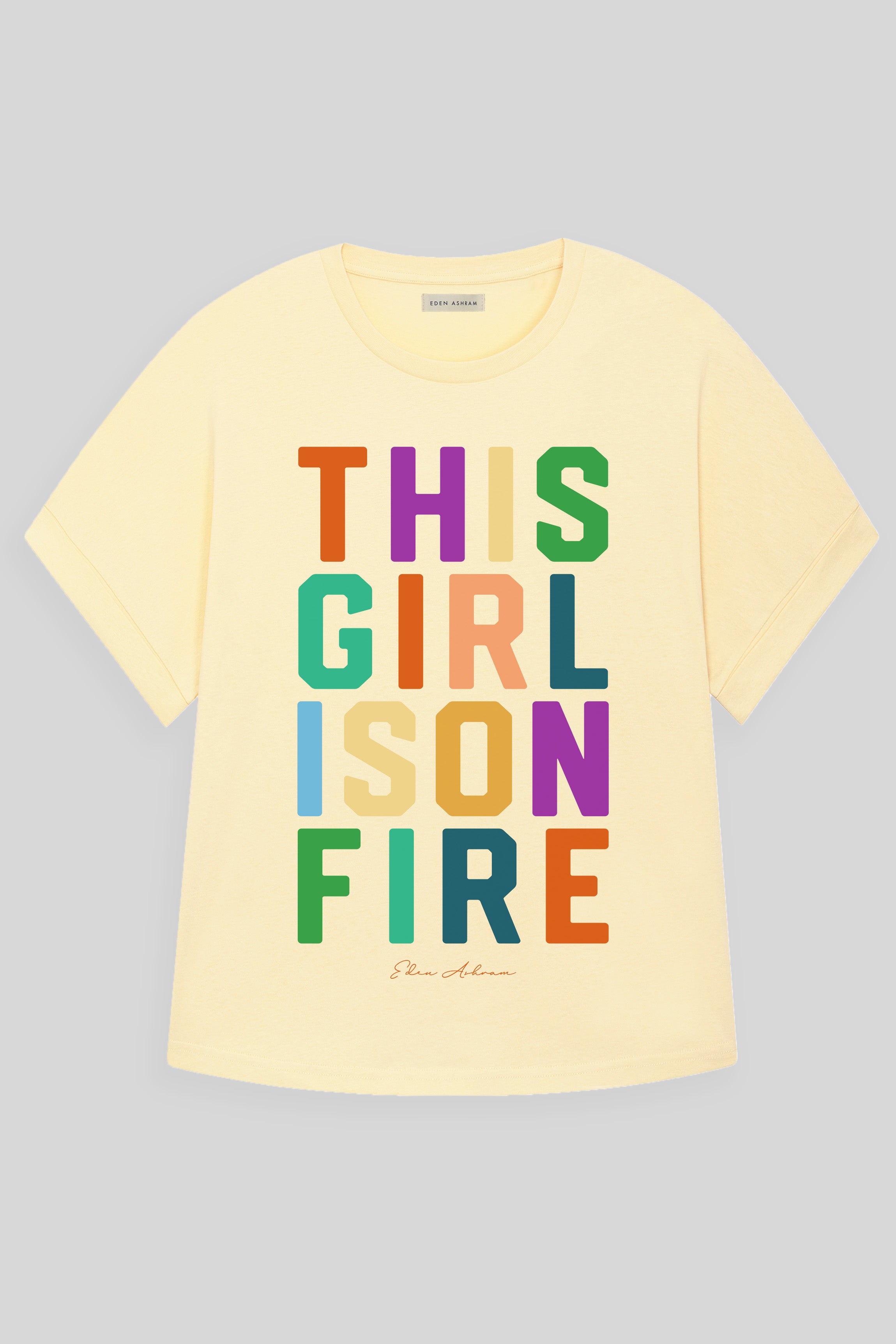 EDEN ASHRAM This Girl Is On Fire Oversized Premium Rolled Sleeve T-Shirt Butter Yellow