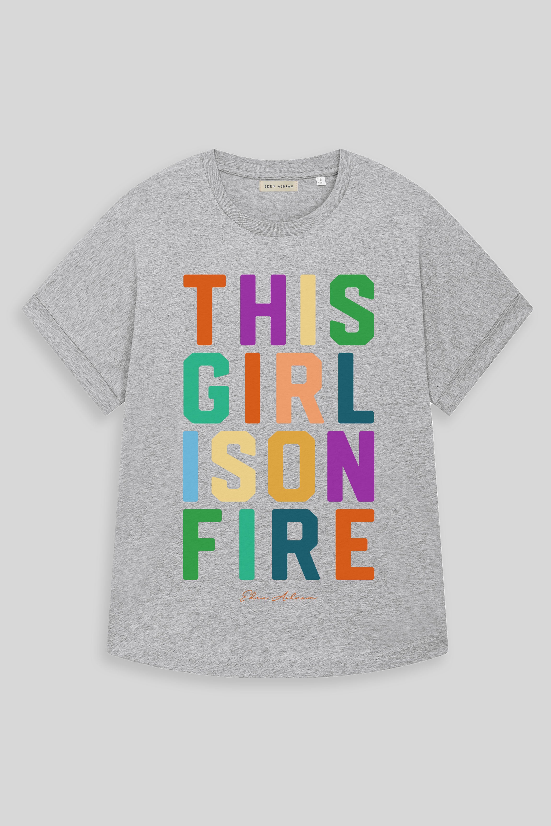 EDEN ASHRAM This Girl Is On Fire Oversized Premium Rolled Sleeve T-Shirt Heather Grey