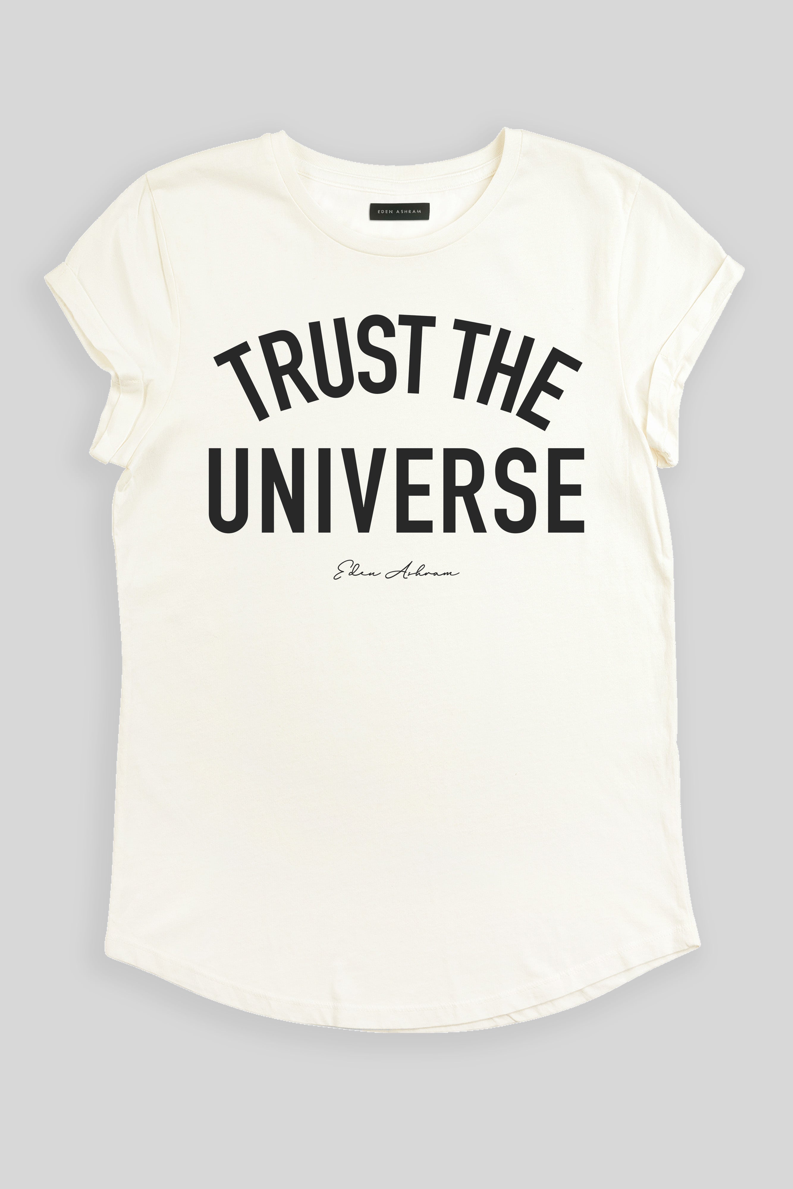 Eden Ashram Trust The Universe Premium Rolled Sleeve T-Shirt Stonewash White