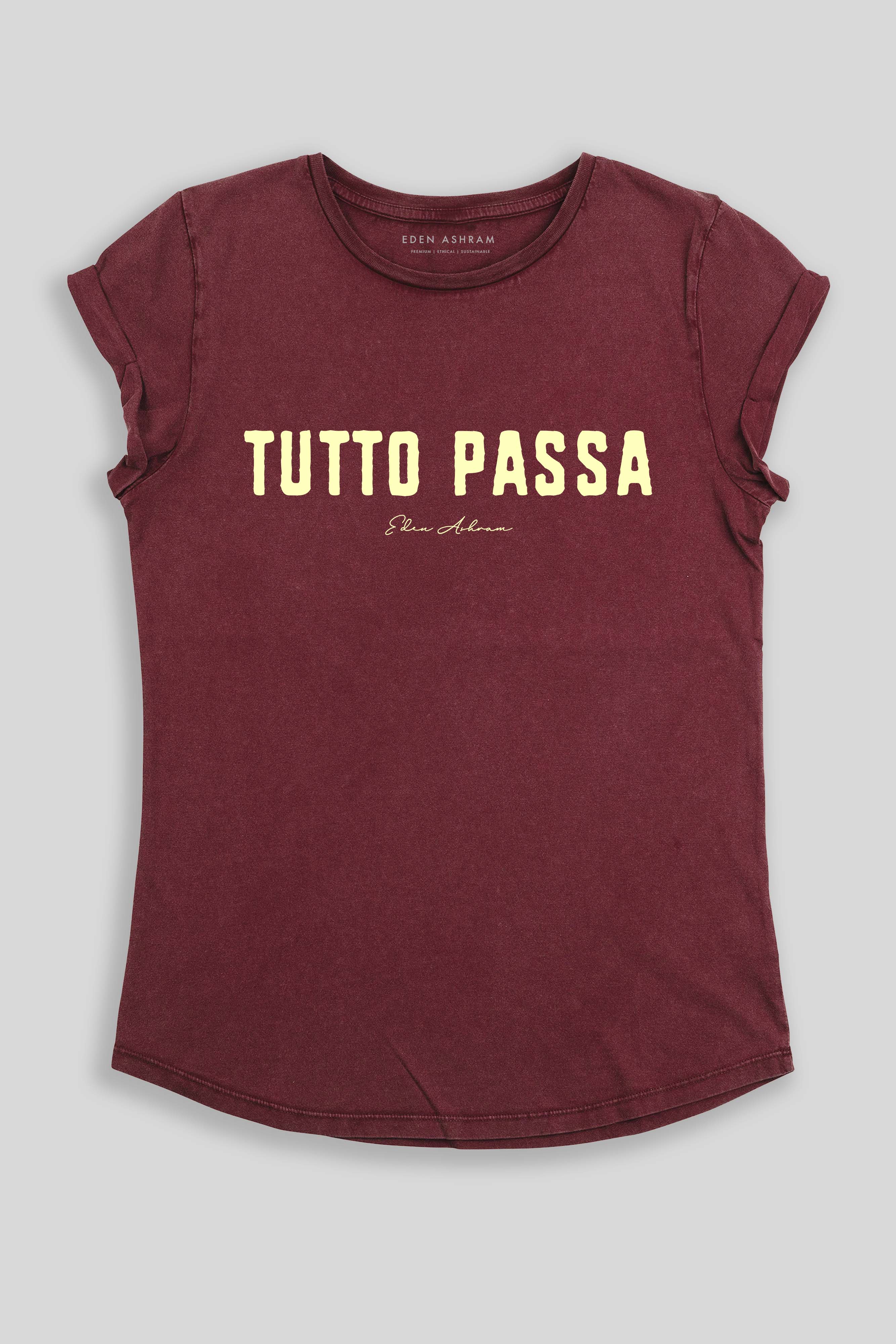 Eden Ashram Tutto Passa Premium Rolled Sleeve T-Shirt Stonewash Burgundy