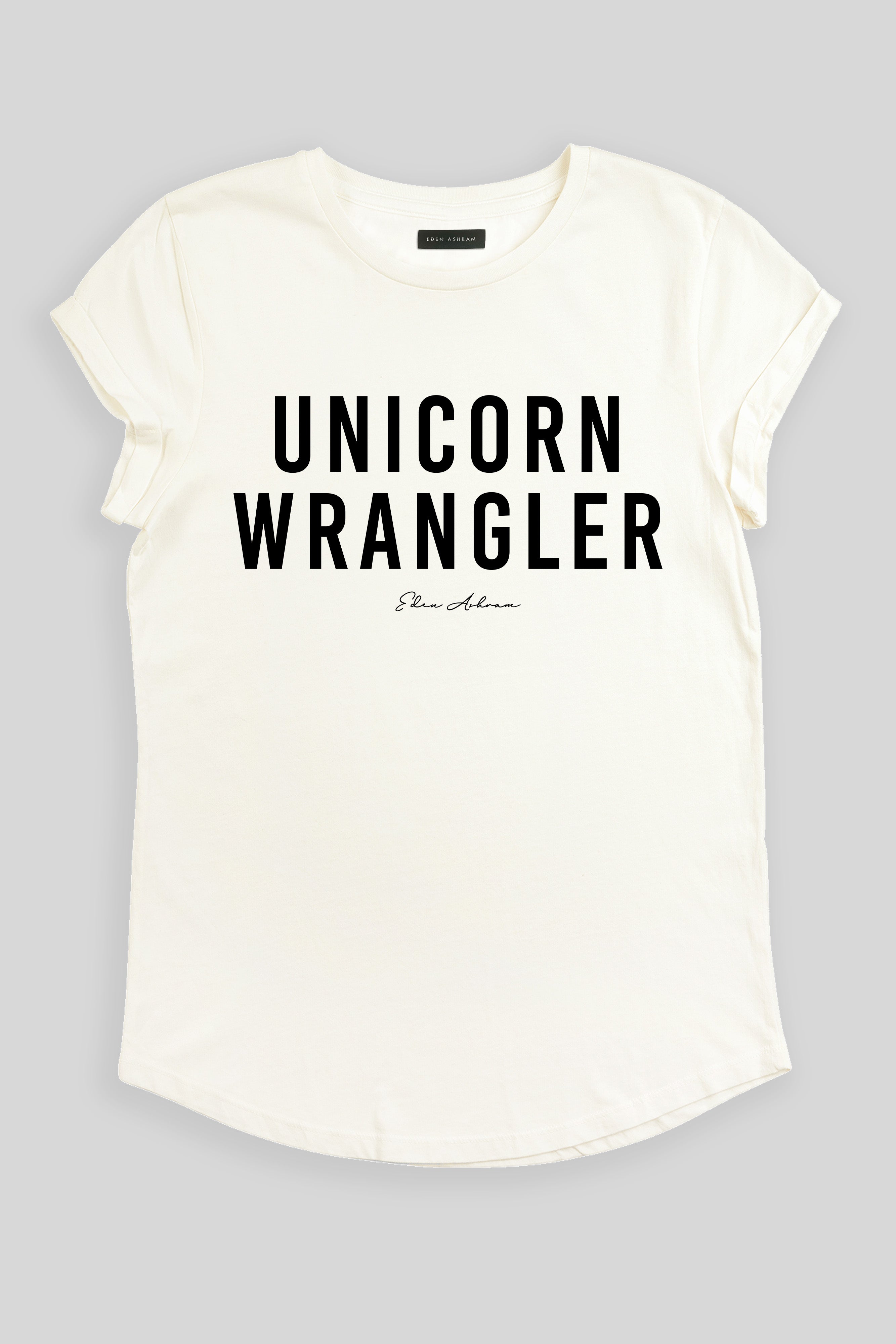 Eden Ashram Unicorn Wrangler Premium Rolled Sleeve T-Shirt Stonewash White