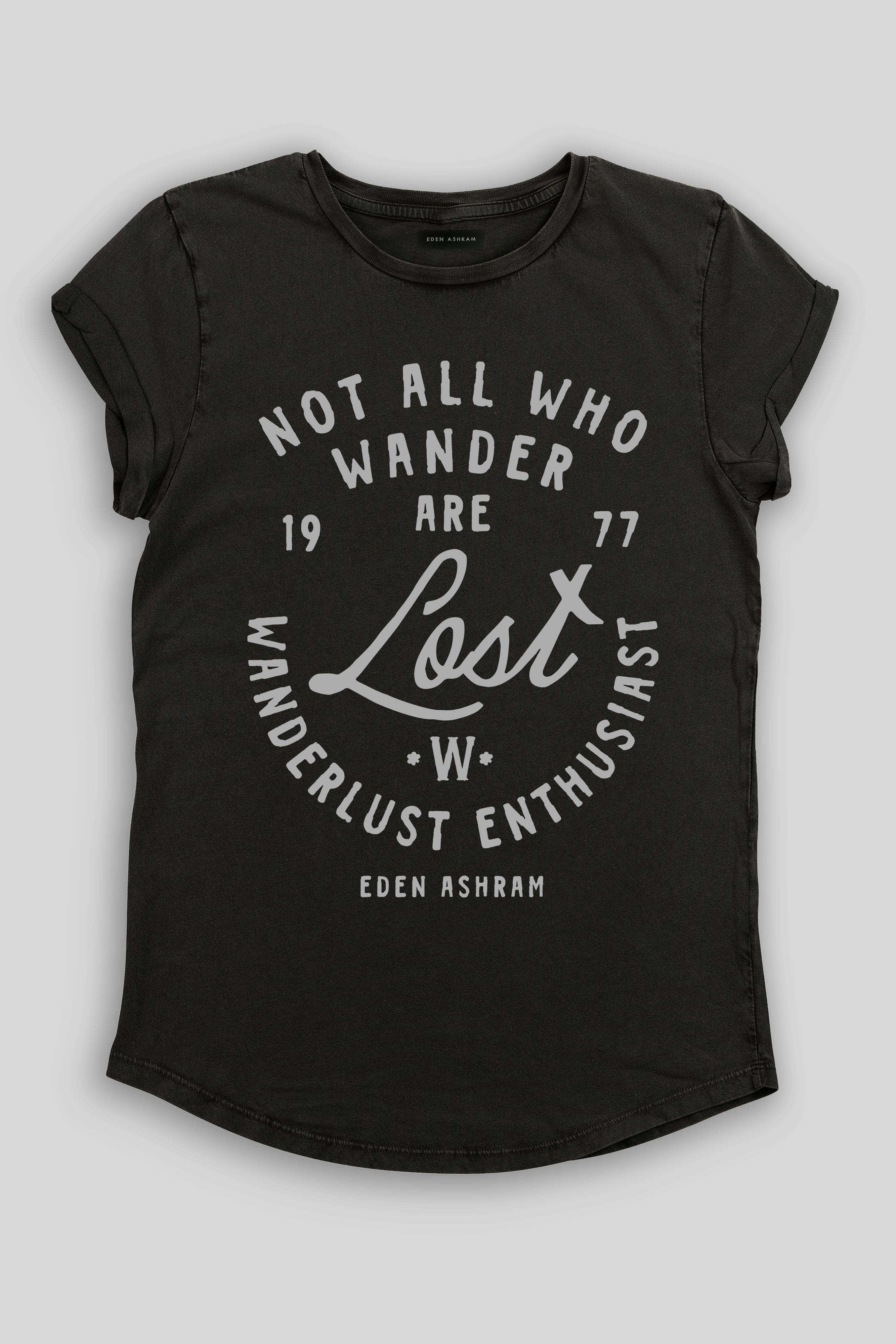 Eden Ashram Not All Who Wander Are Lost Premium Rolled Sleeve T-Shirt Stonewash Black
