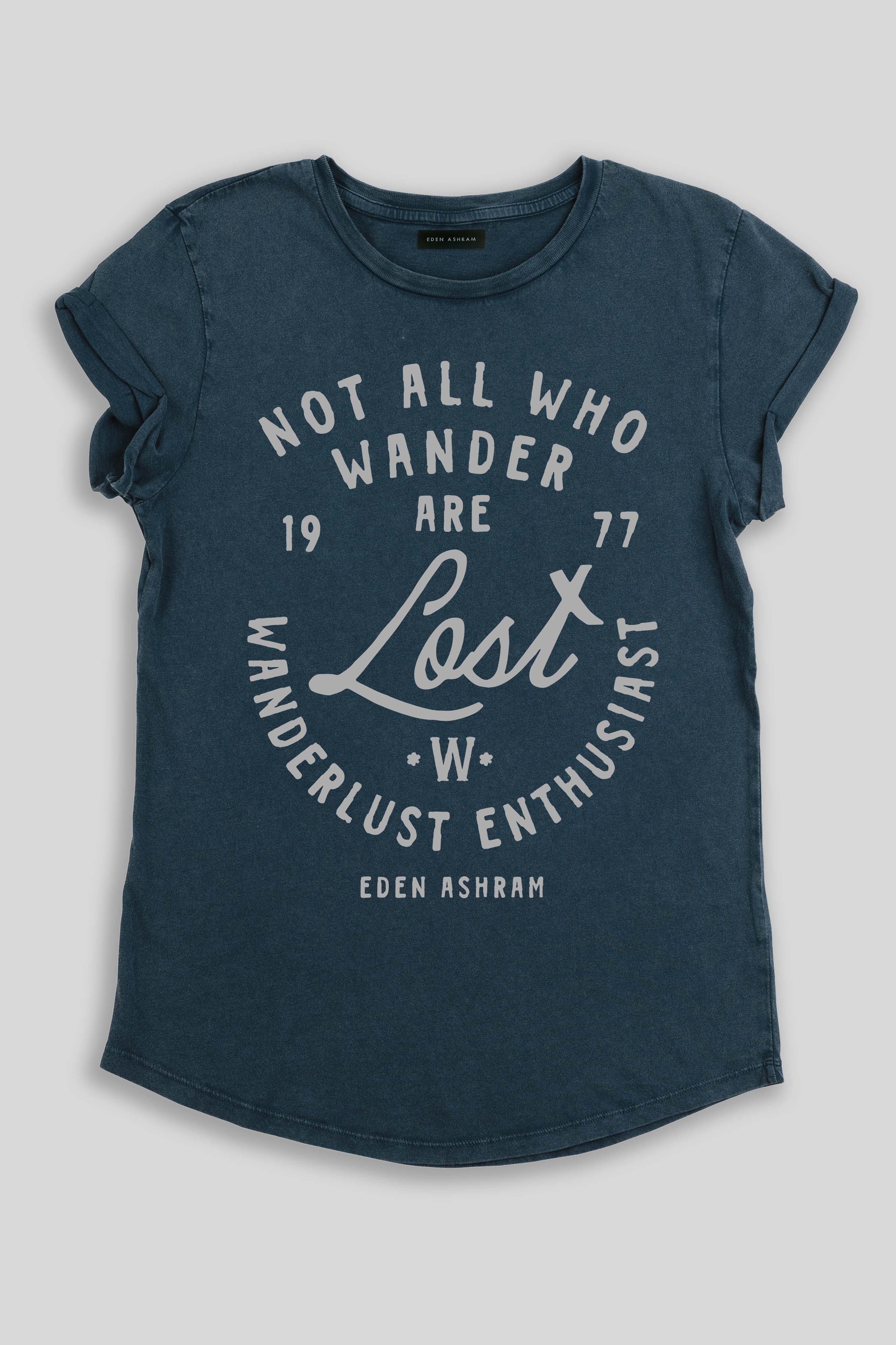 Eden Ashram Not All Who Wander Are Lost Premium Rolled Sleeve T-Shirt Stonewash Denim