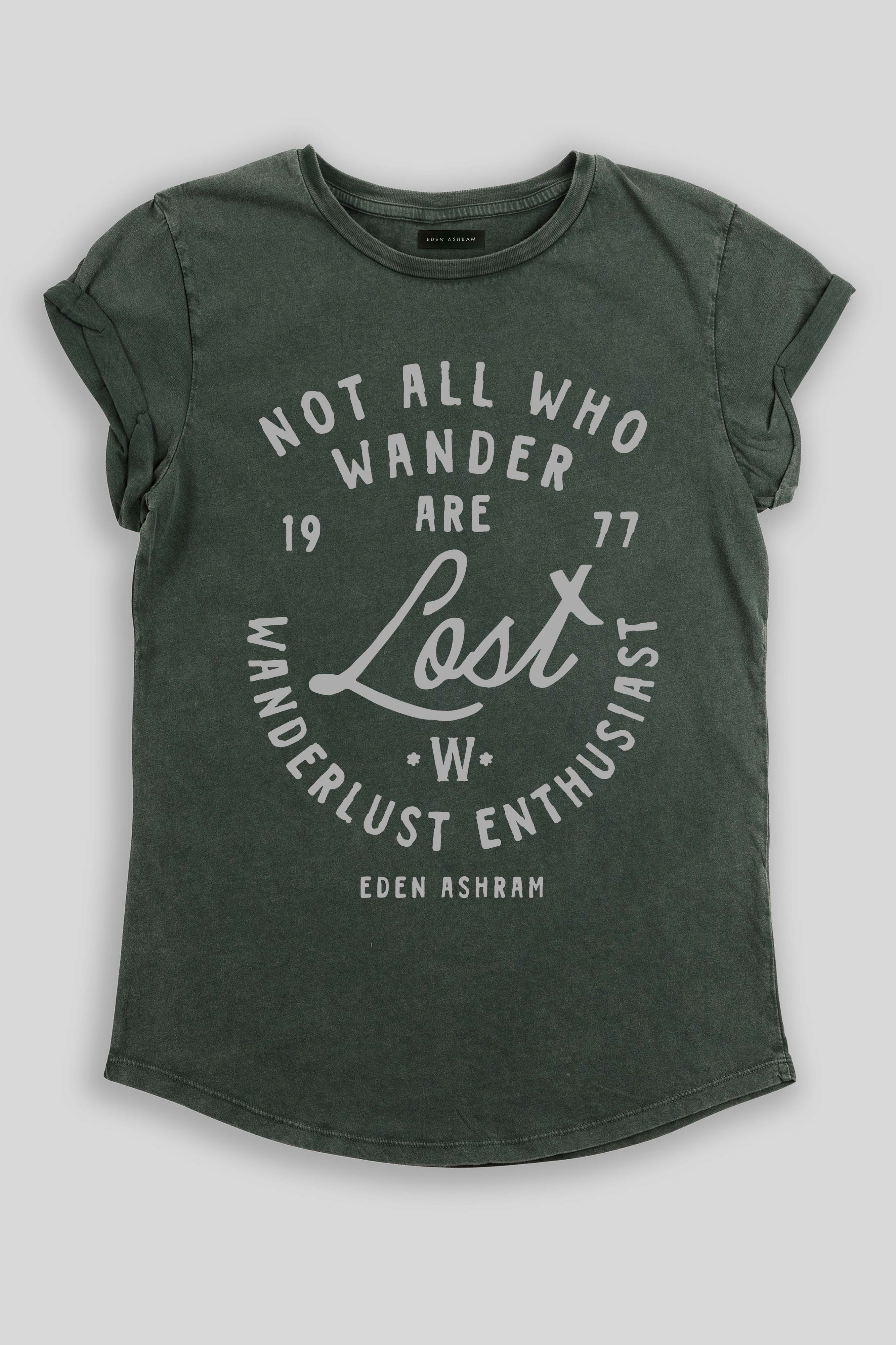 Eden Ashram Not All Who Wander Are Lost Premium Rolled Sleeve T-Shirt Stonewash Green