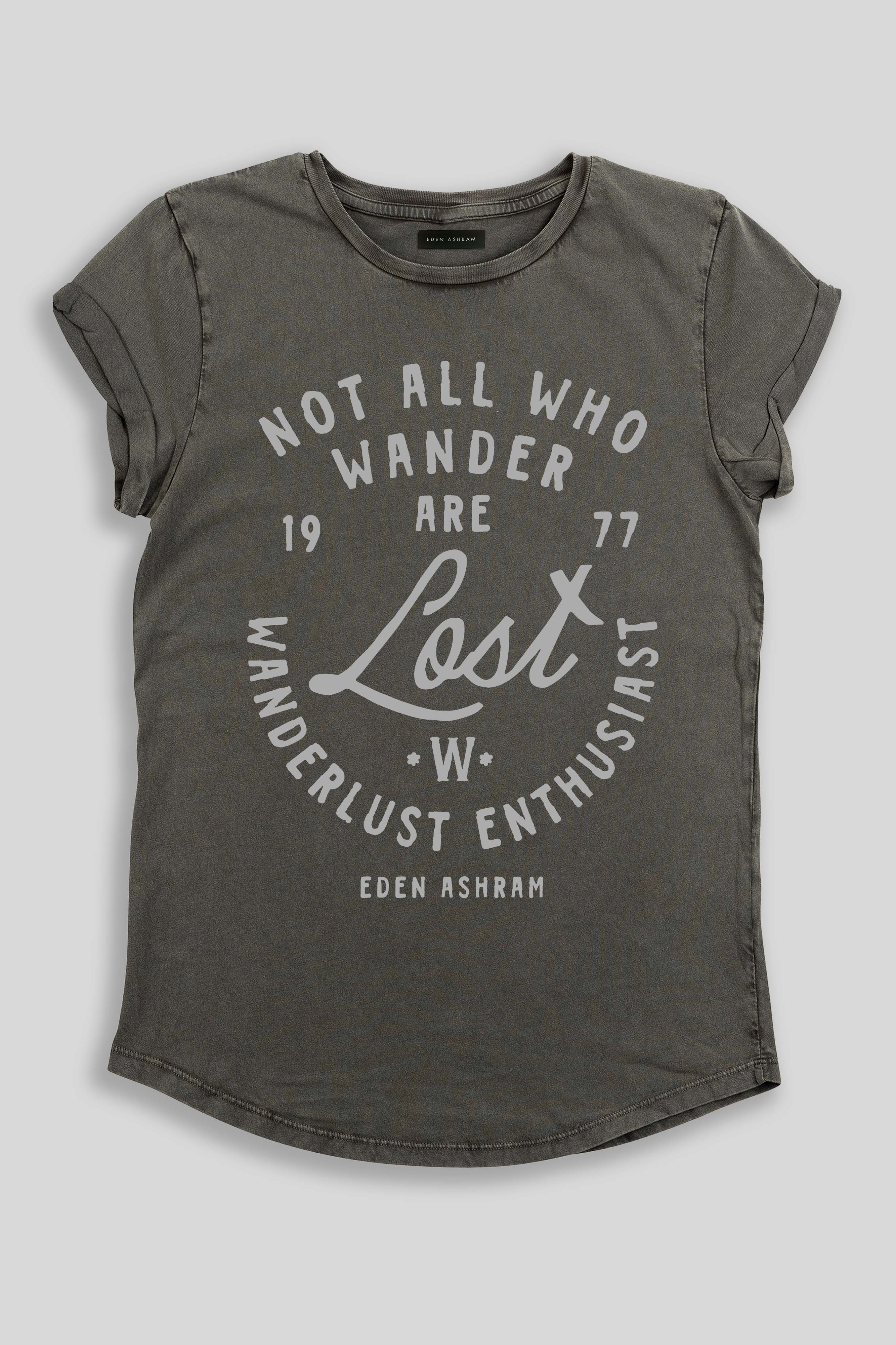 Eden Ashram Not All Who Wander Are Lost Premium Rolled Sleeve T-Shirt Stonewash Grey