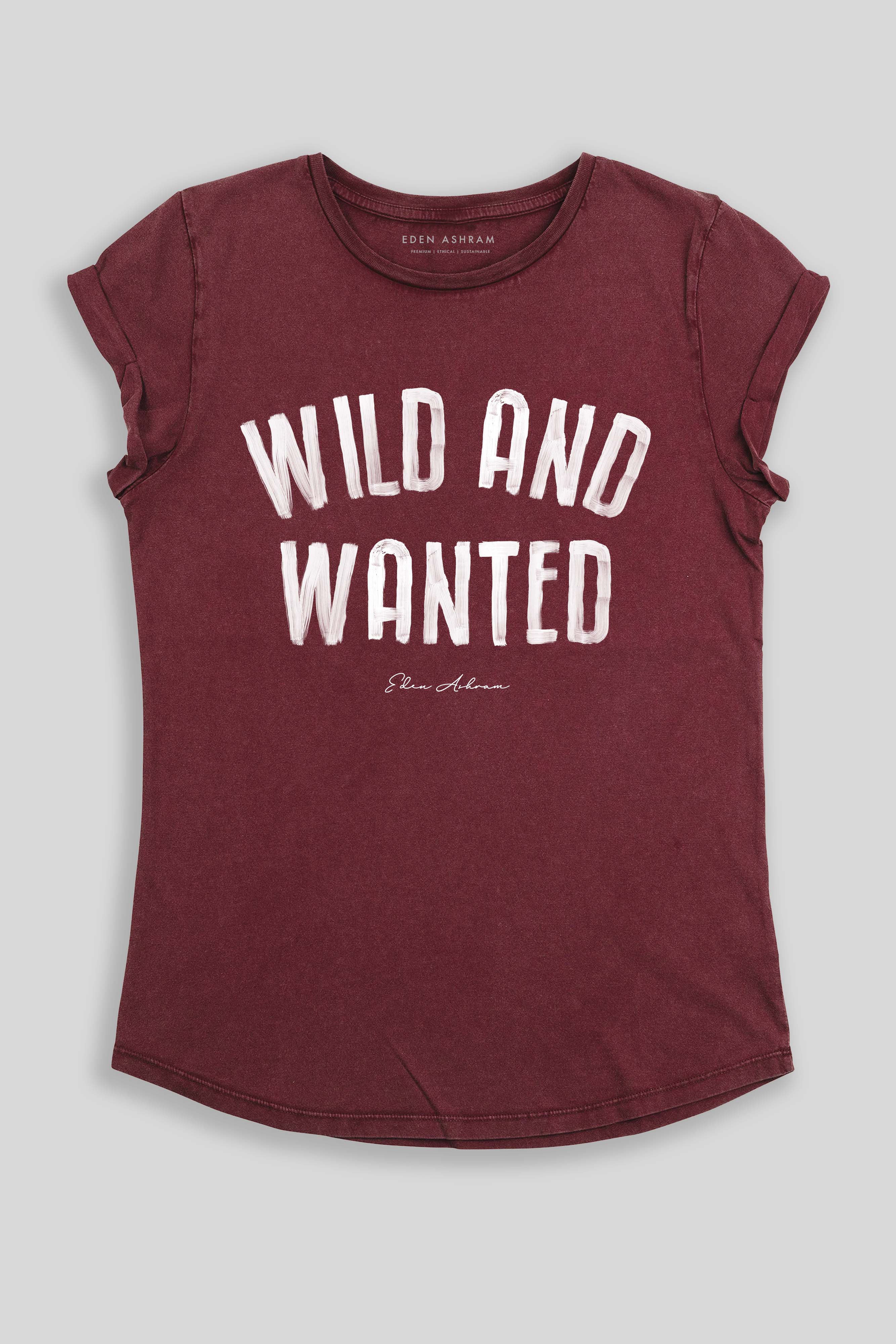Eden Ashram Wild And Wanted Premium Rolled Sleeve T-Shirt Stonewash Burgundy