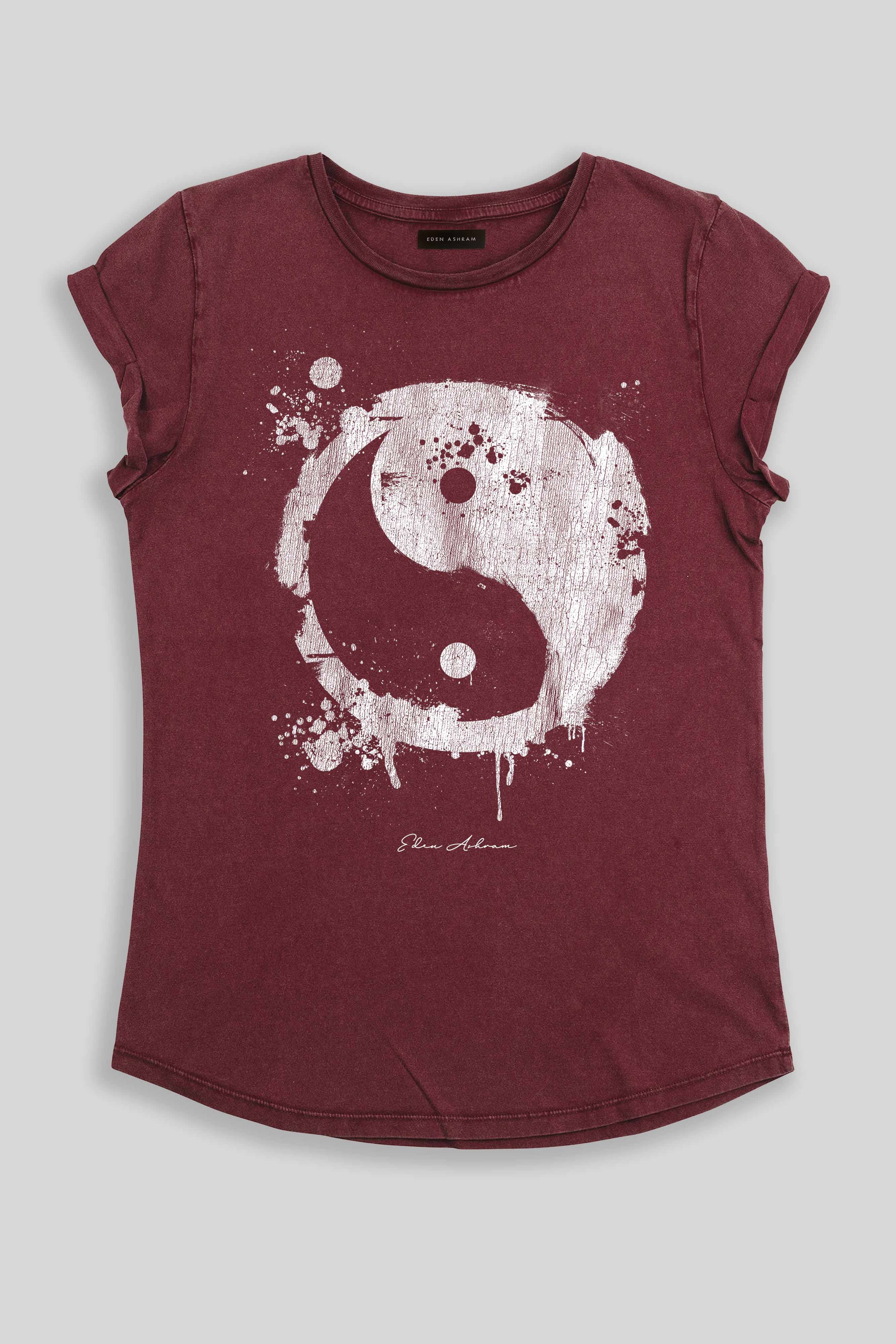 Eden Ashram Graffiti Yin Yang Premium Rolled Sleeve T-Shirt Stonewash Burgundy