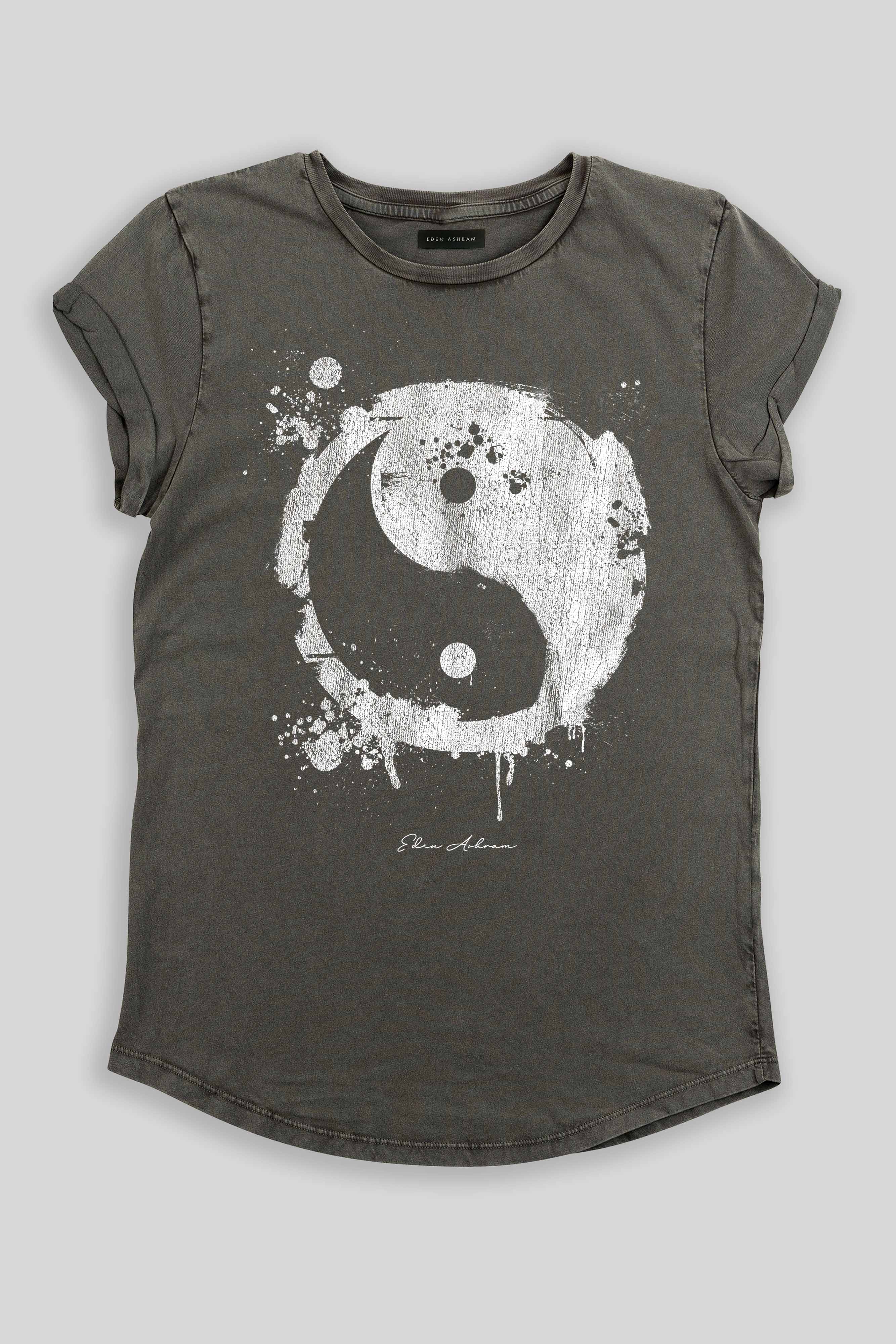 Eden Ashram Graffiti Yin Yang Premium Rolled Sleeve T-Shirt Stonewash Grey