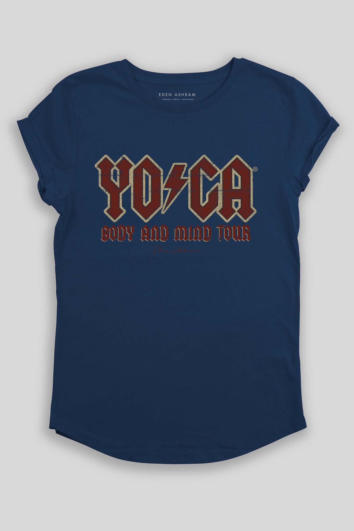 Eden Ashram The Original YOGA Tour Premium Rolled Sleeve T-Shirt French Navy