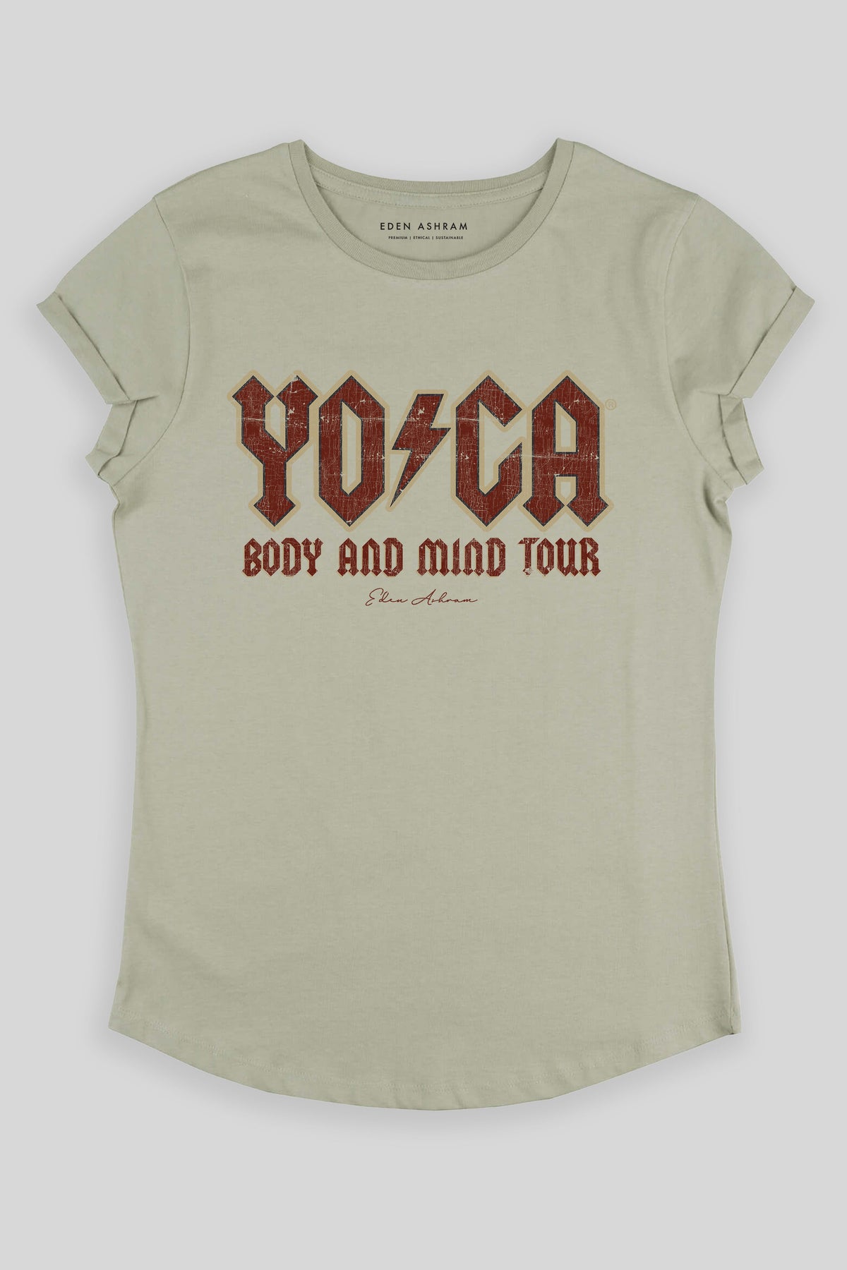 Eden Ashram The Original YOGA Tour Premium Rolled Sleeve T-Shirt Light Olive