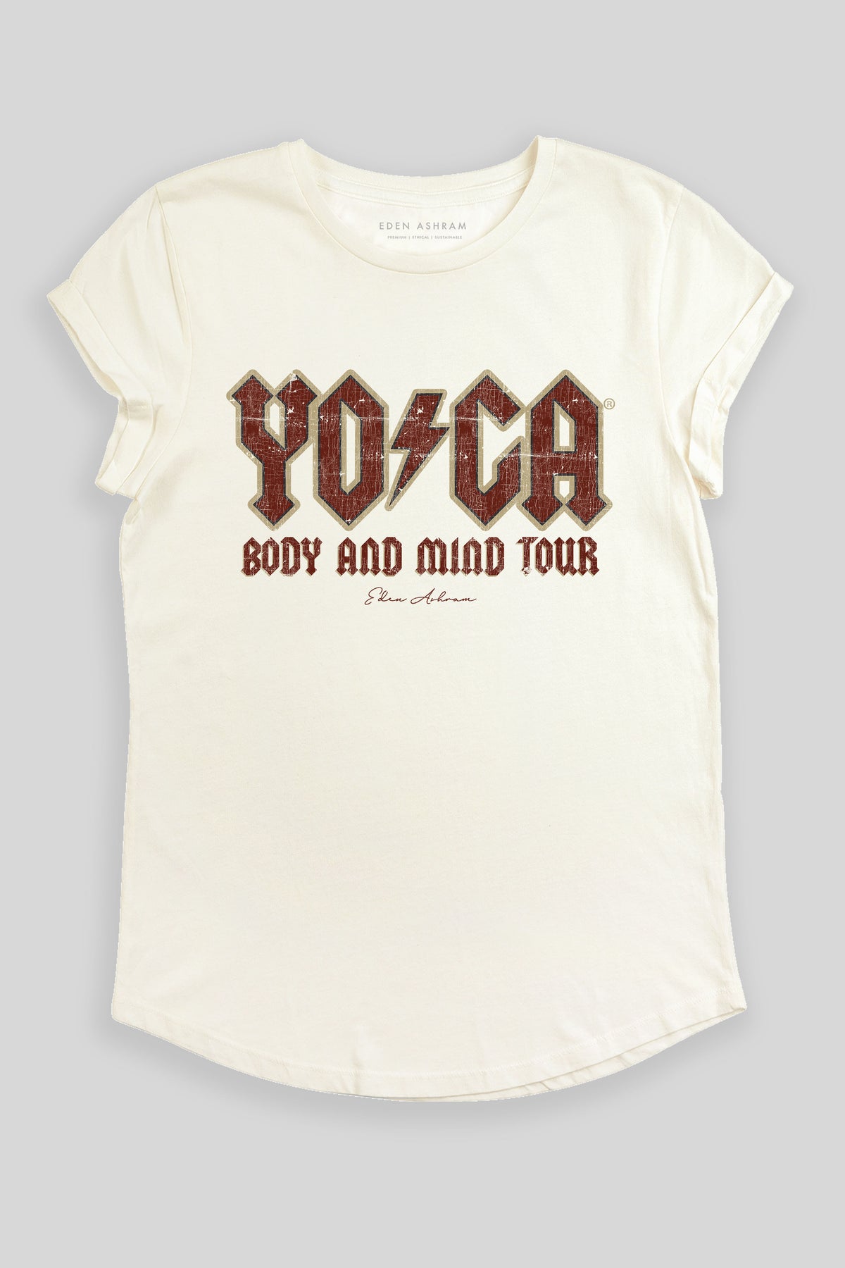 Eden Ashram The Original YOGA Tour Premium Rolled Sleeve T-Shirt Stonewash White