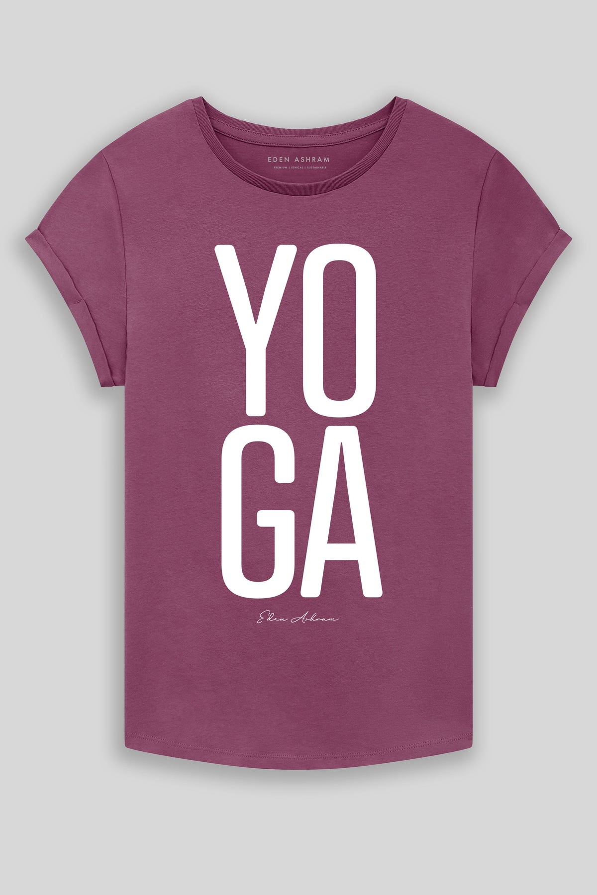Eden Ashram YOGA Premium Rolled Sleeve T-Shirt Faded Burgundy