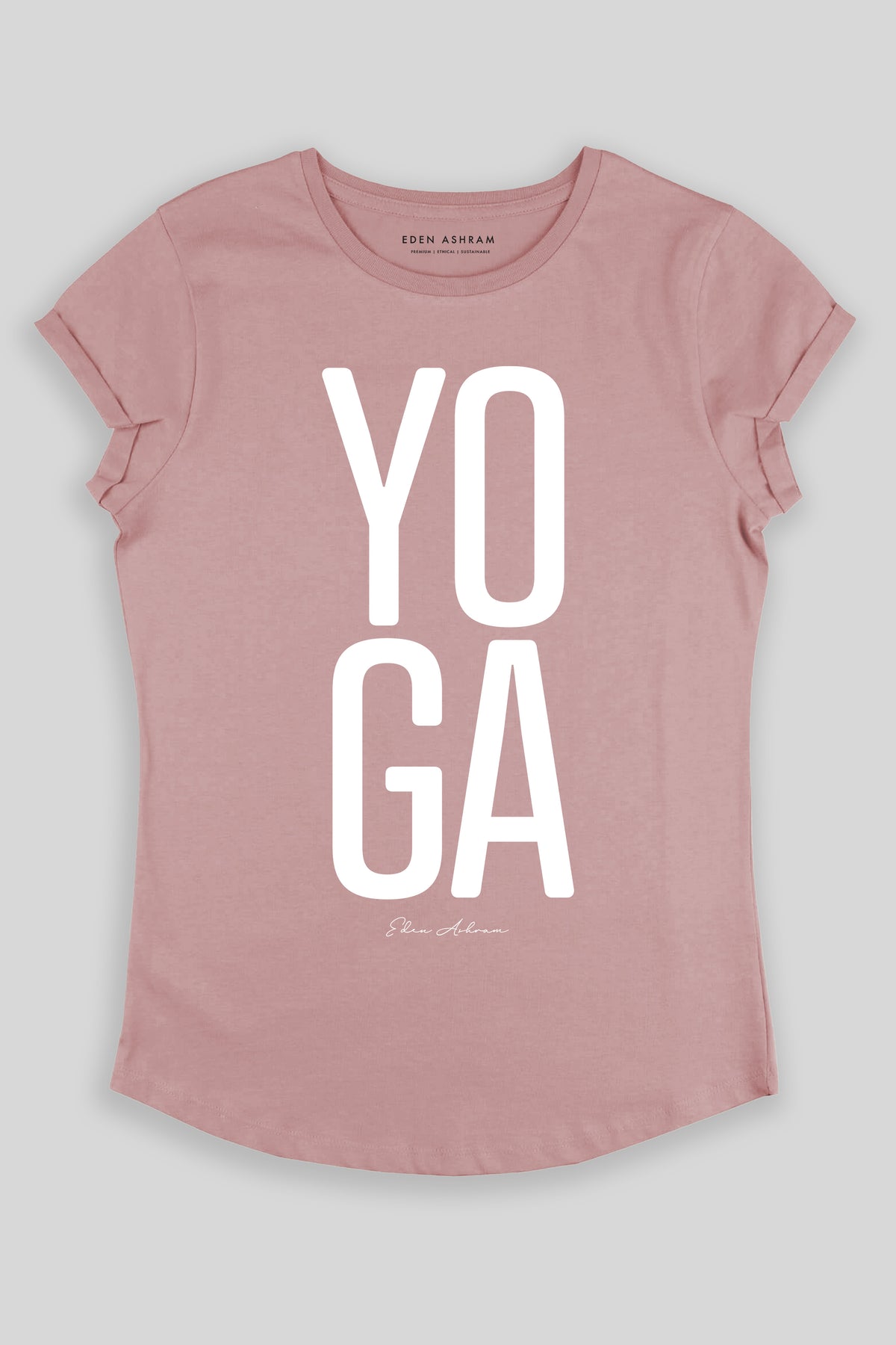 Eden Ashram YOGA Premium Rolled Sleeve T-Shirt Miami Pink