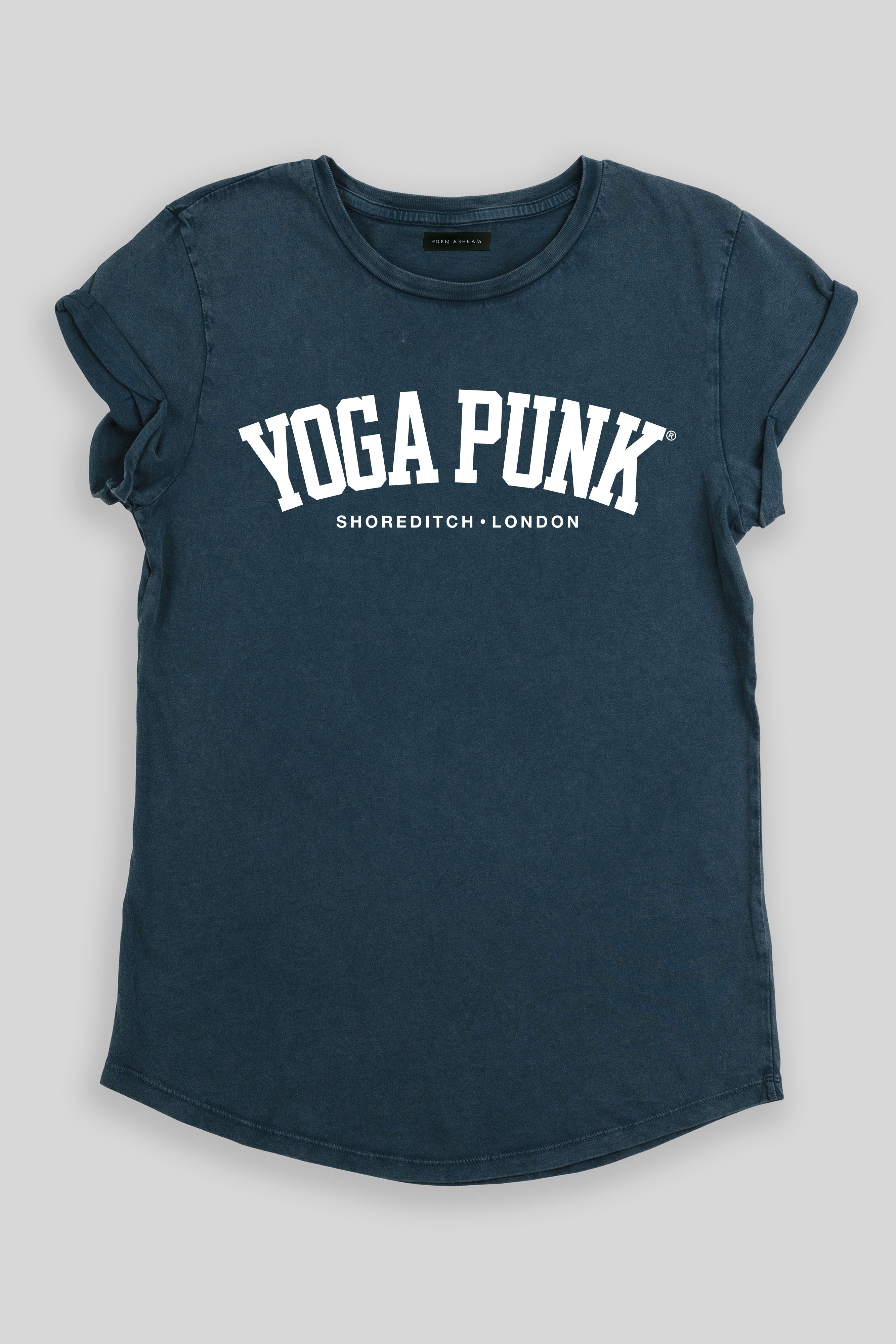 EDEN ASHRAM Yoga Punk® Rolled Sleeve T-Shirt Stonewash Denim