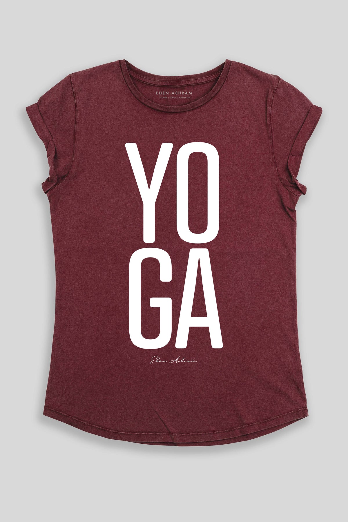 Eden Ashram YOGA Premium Rolled Sleeve T-Shirt Stonewash Burgundy