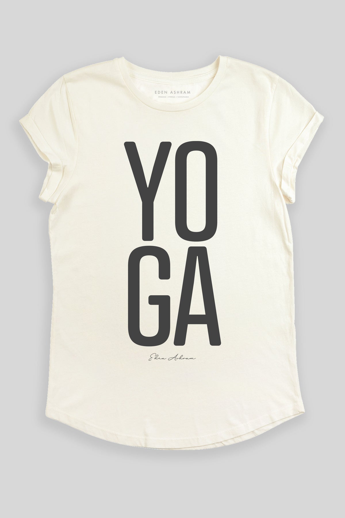 Eden Ashram YOGA Premium Rolled Sleeve T-Shirt Stonewash White