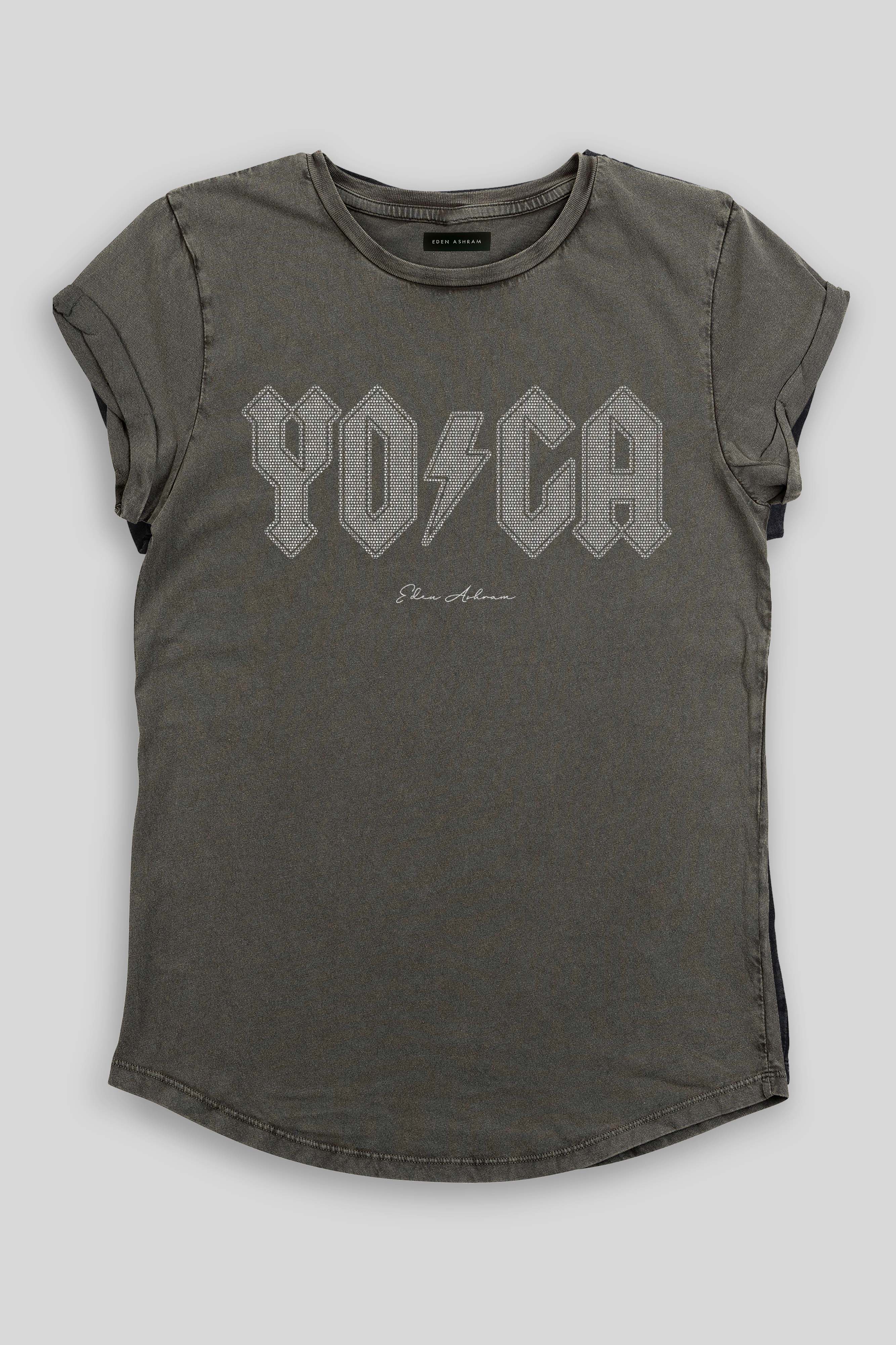 EDEN ASHRAM Yoga Tour Glitter Rolled Sleeve Tour T-Shirt - Stonewash Black Stonewash Grey
