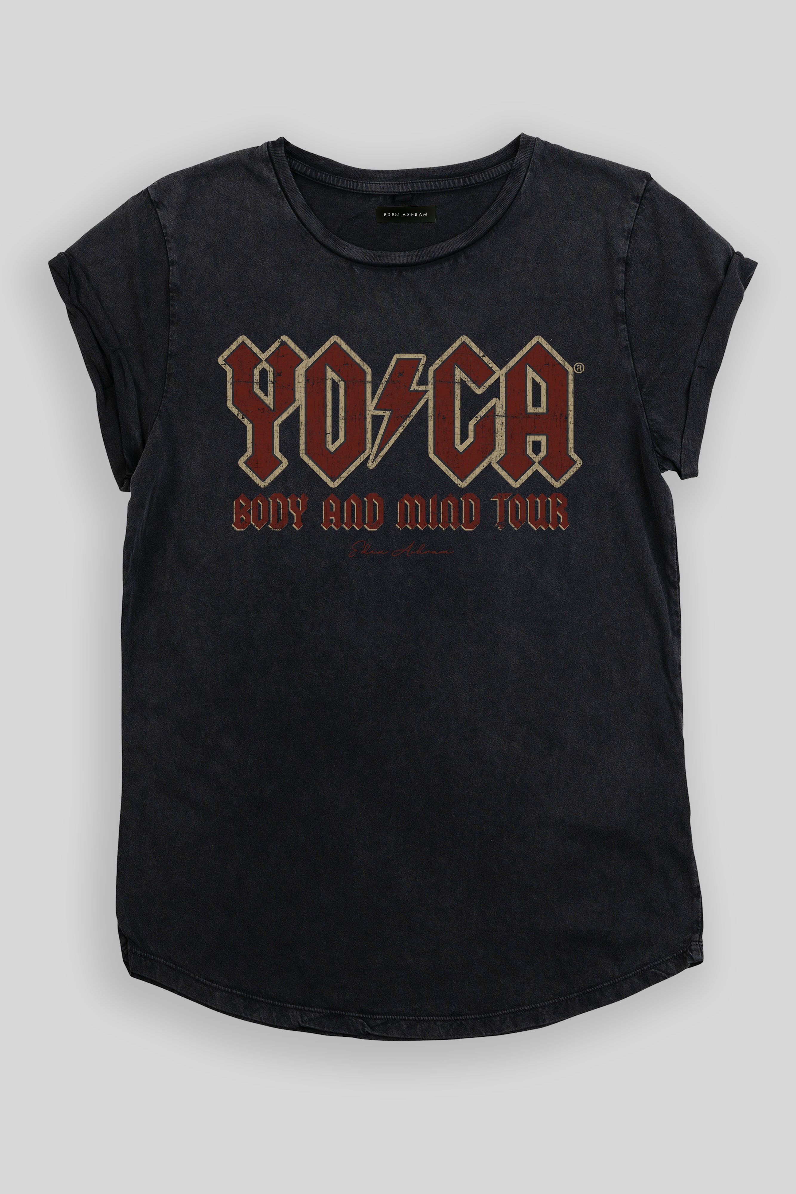 EDEN ASHRAM The Original YOGA Tour Premium Rolled Sleeve T-Shirt Stonewash Black