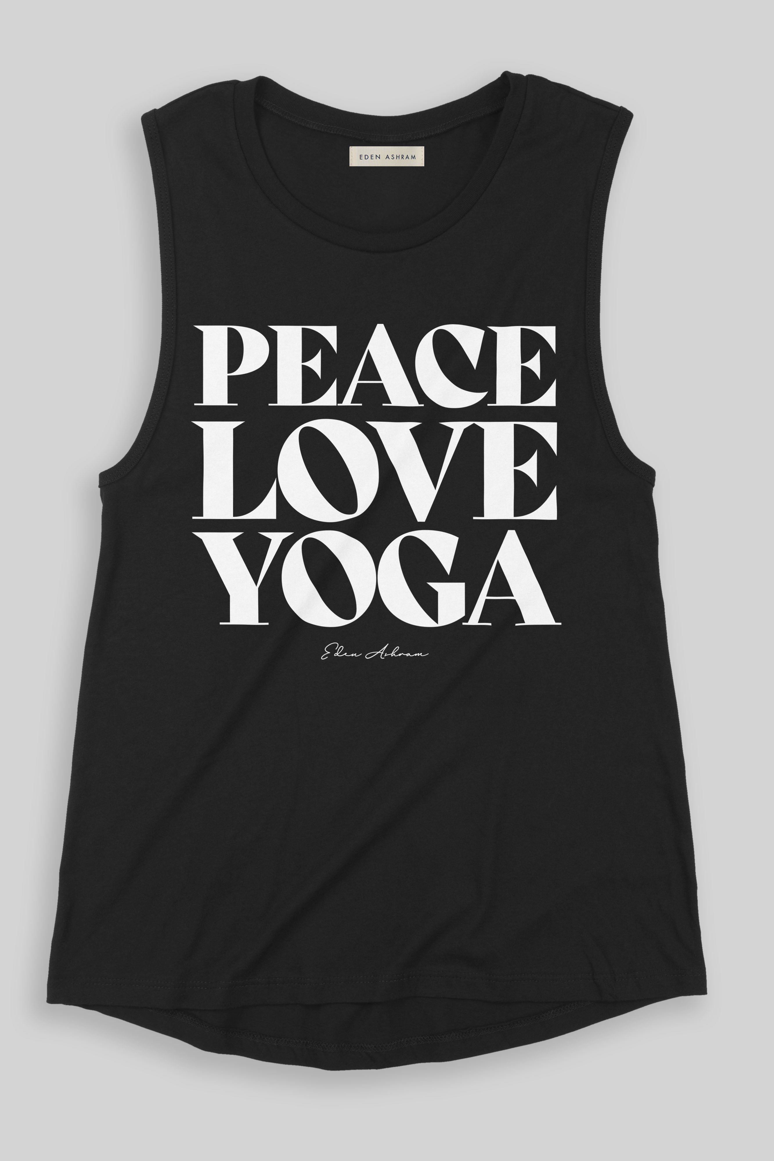 EDEN ASHRAM Peace, Love, Yoga Super Soft Muscle Tank Black