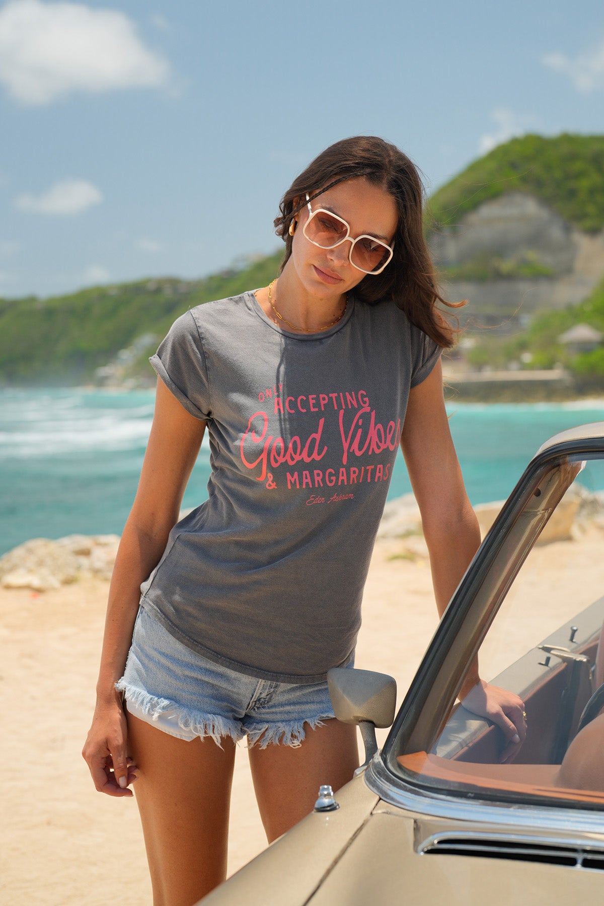 Eden Ashram Accepting Good Vibes & Margaritas Premium Rolled Sleeve T-Shirt