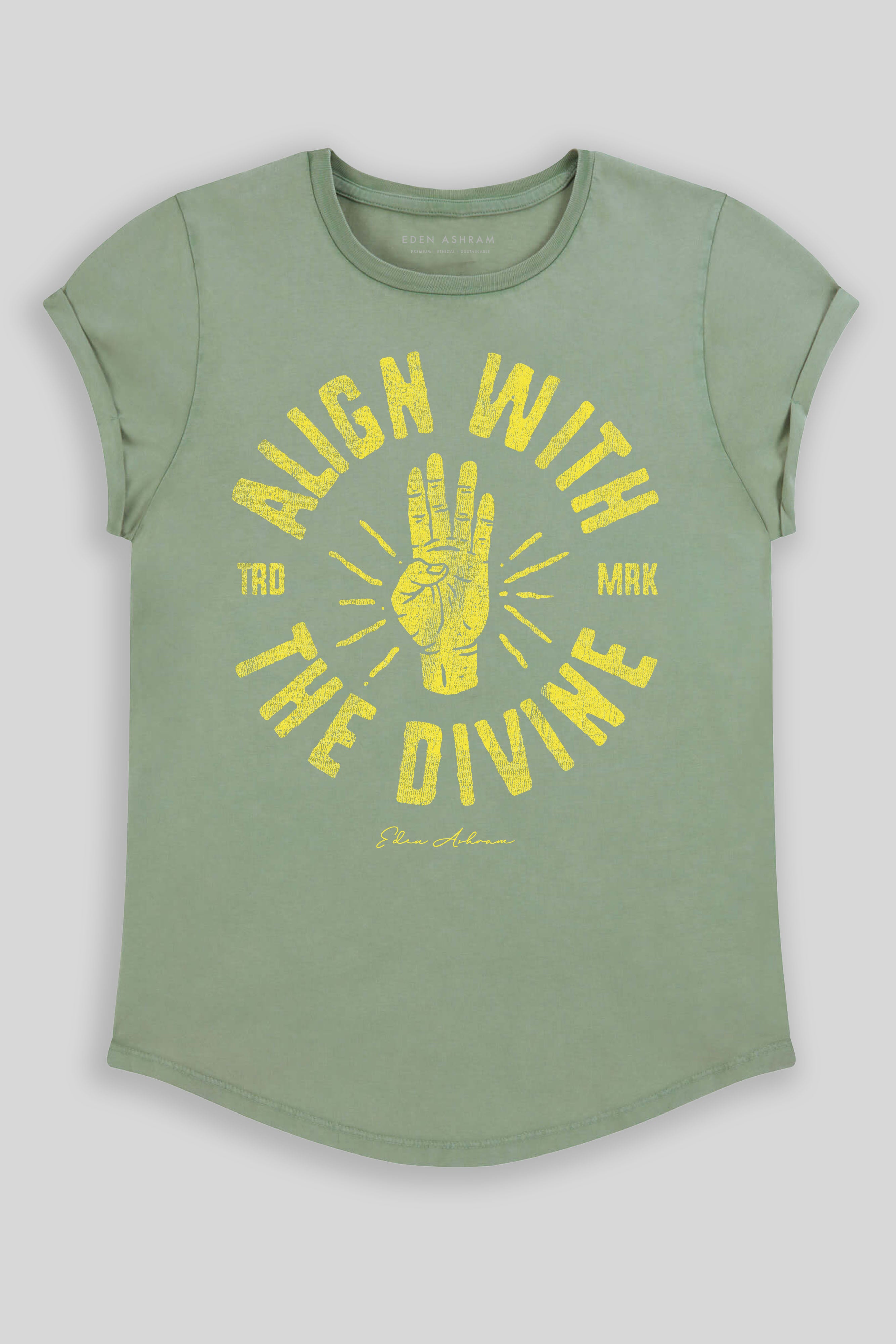 Eden Ashram Align With The Divine Premium Rolled Sleeve T-Shirt Stonewash Sage