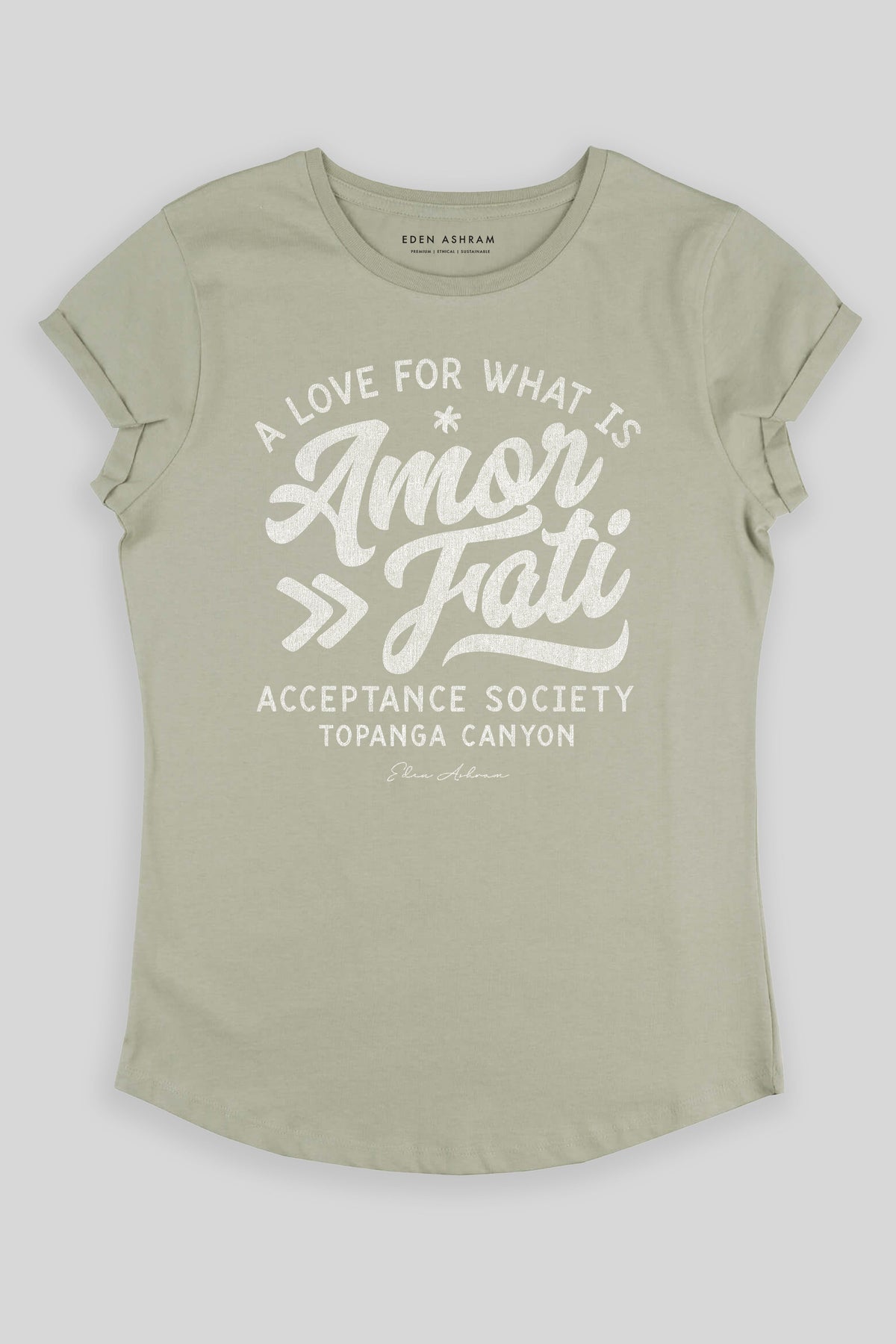 Eden Ashram Amor Fati Premium Rolled Sleeve T-Shirt Light Olive