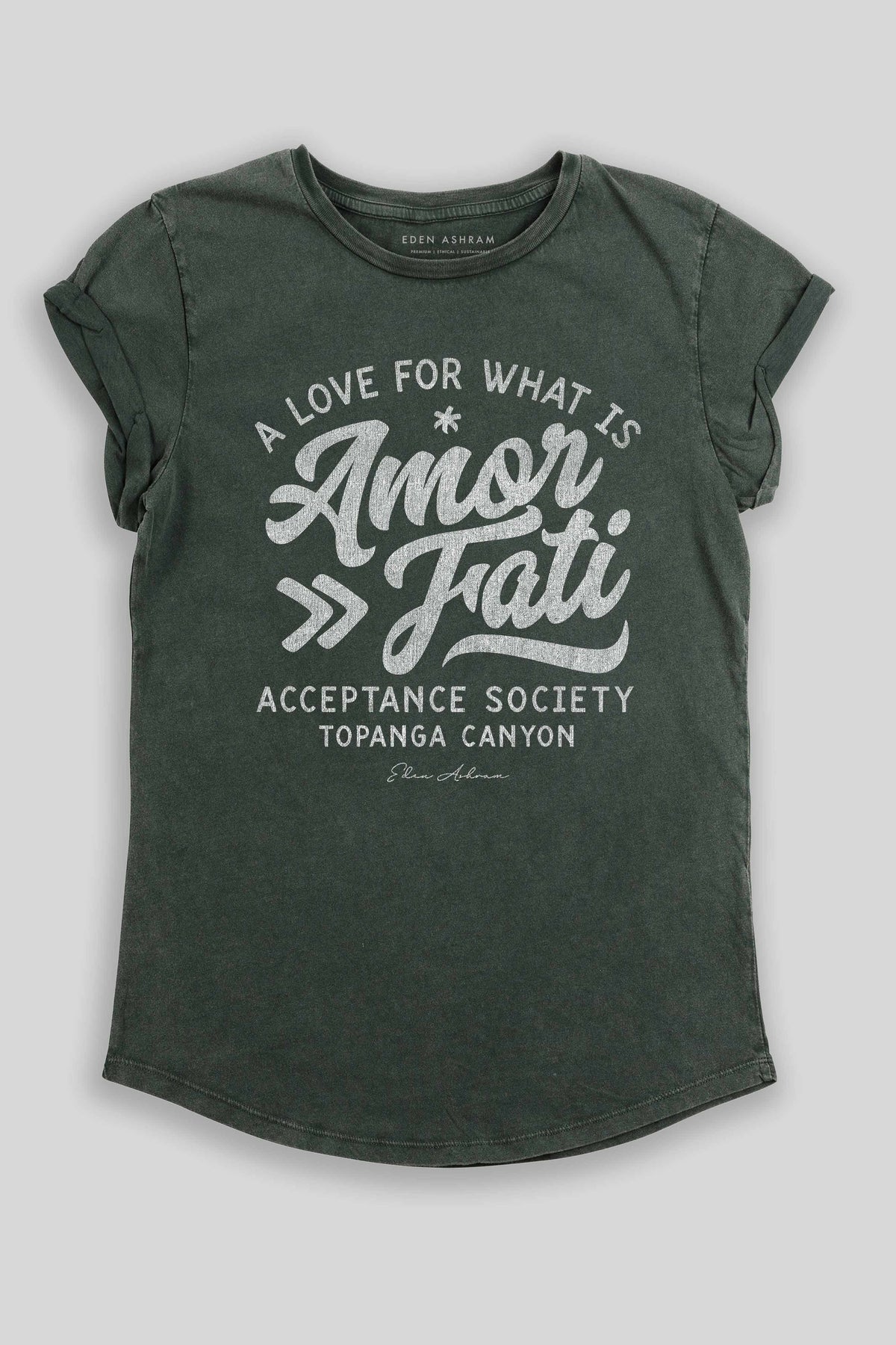 Eden Ashram Amor Fati Premium Rolled Sleeve T-Shirt Stonewash Green