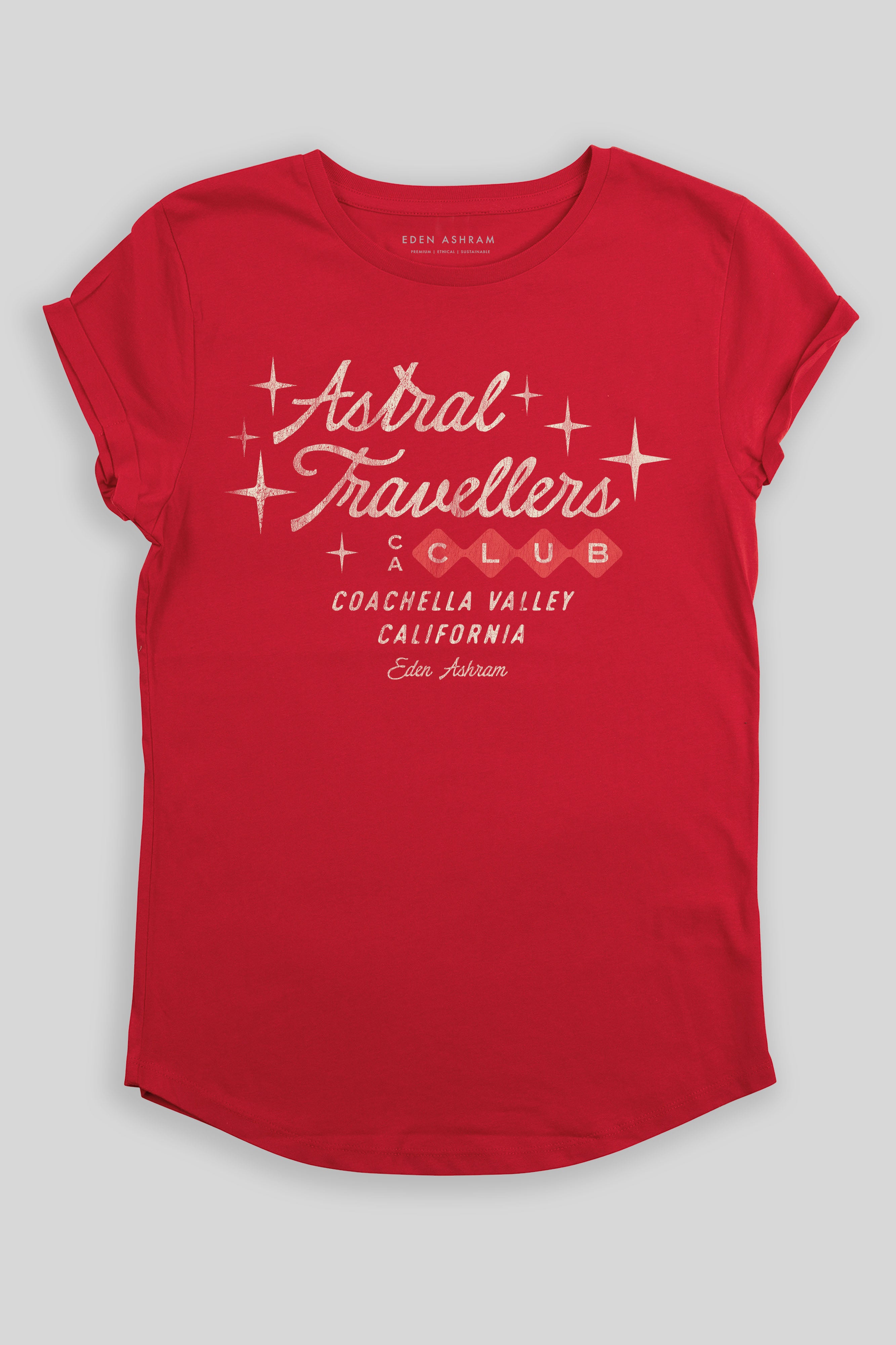Eden Ashram Astral Travellers Club Premium Rolled Sleeve T-Shirt Red