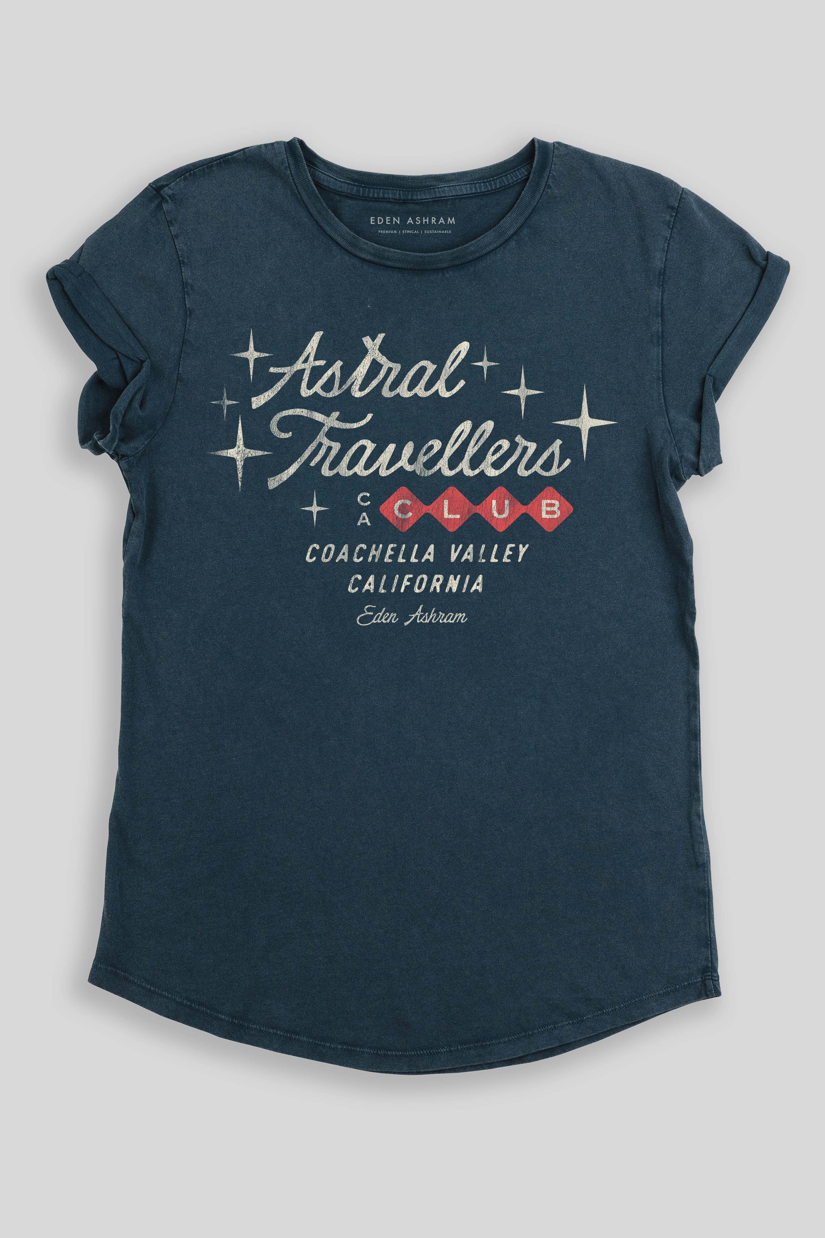 Eden Ashram Astral Travellers Club Premium Rolled Sleeve T-Shirt Stonewash Denim