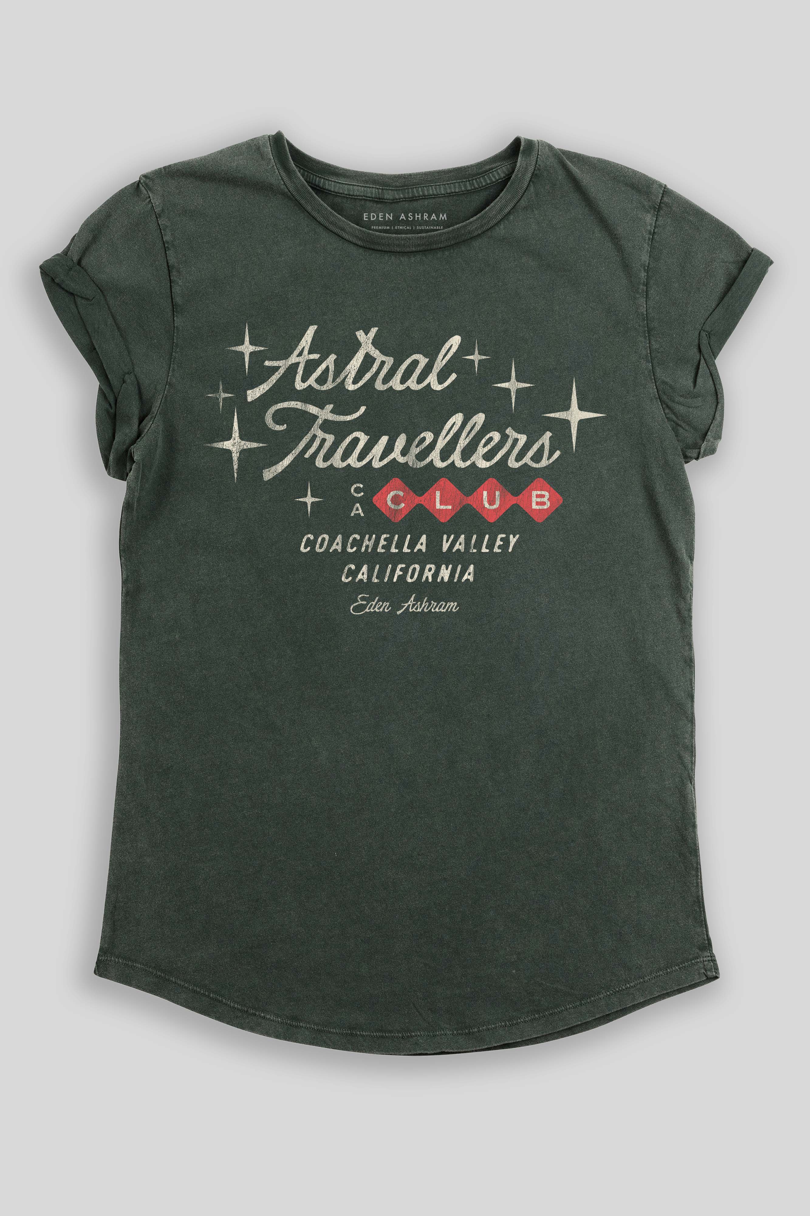 Eden Ashram Astral Travellers Club Premium Rolled Sleeve T-Shirt Stonewash Green