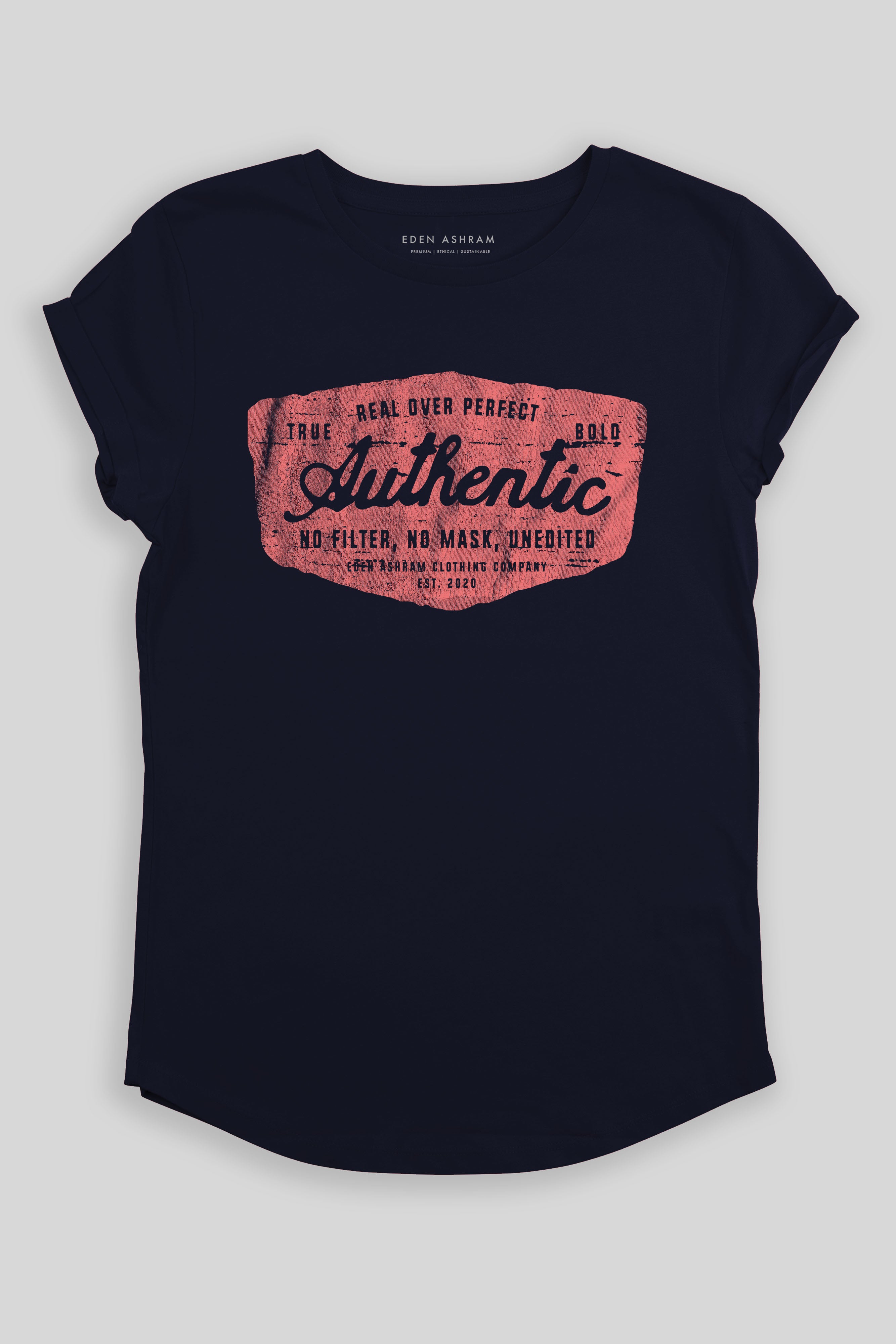 Eden Ashram Authentic Premium Rolled Sleeve T-Shirt Dark Navy