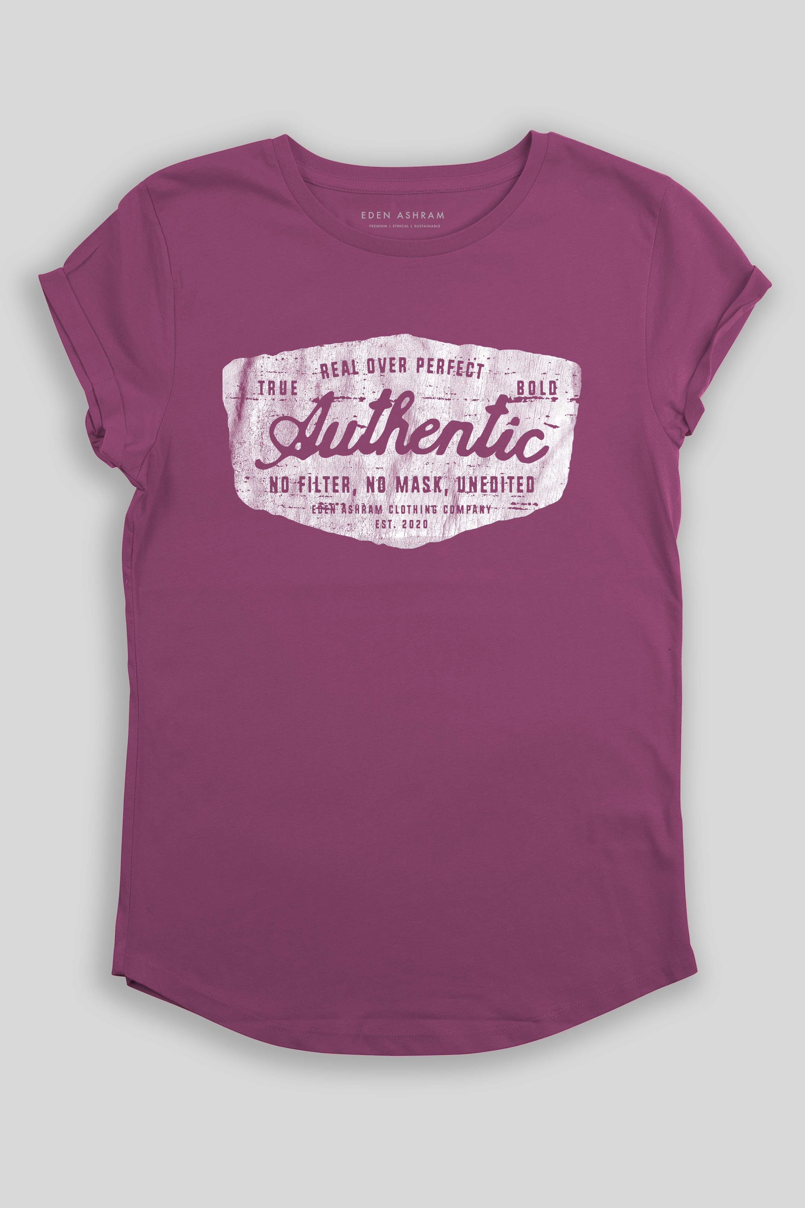 Eden Ashram Authentic Premium Rolled Sleeve T-Shirt Faded Burgundy