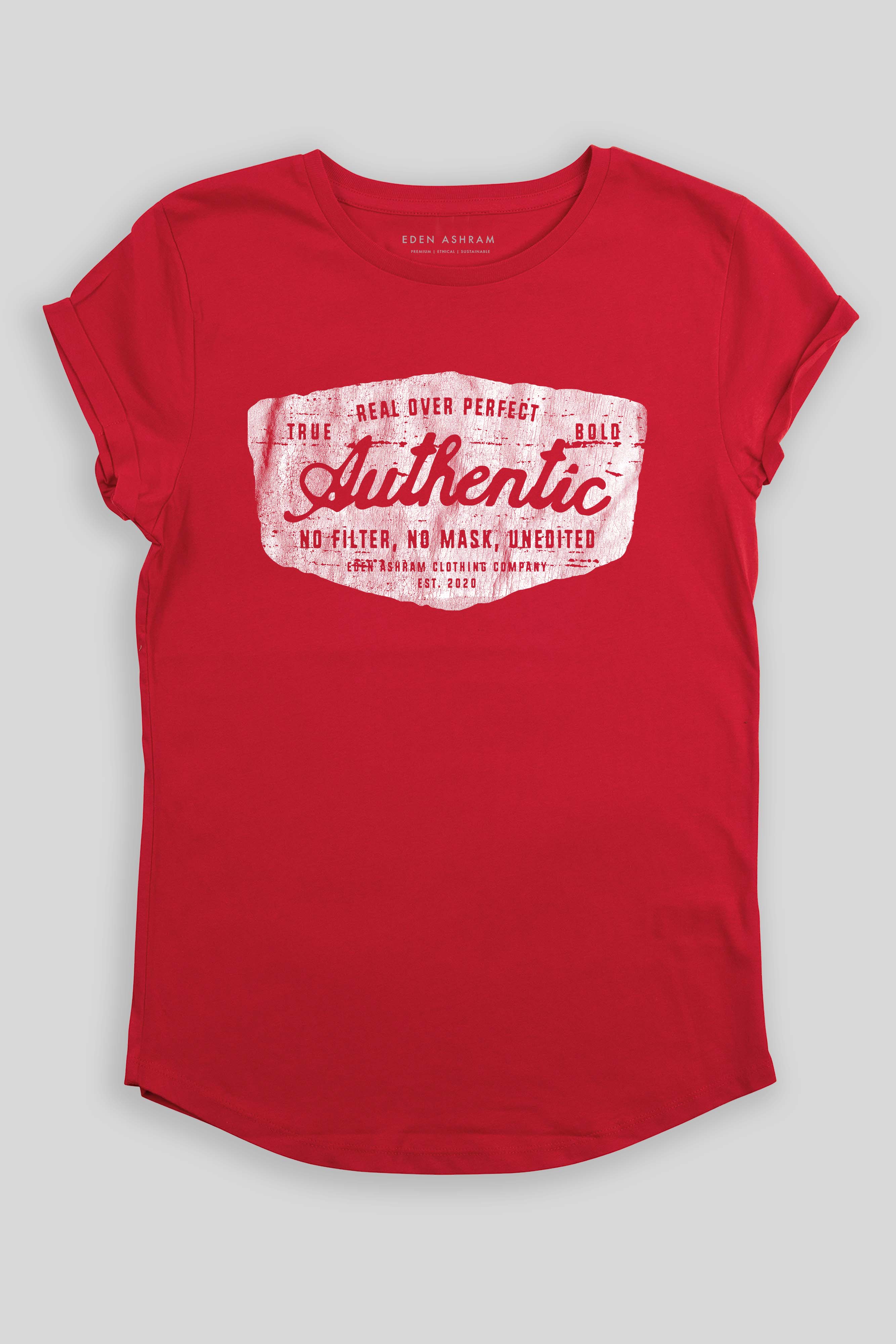 Eden Ashram Authentic Premium Rolled Sleeve T-Shirt Red