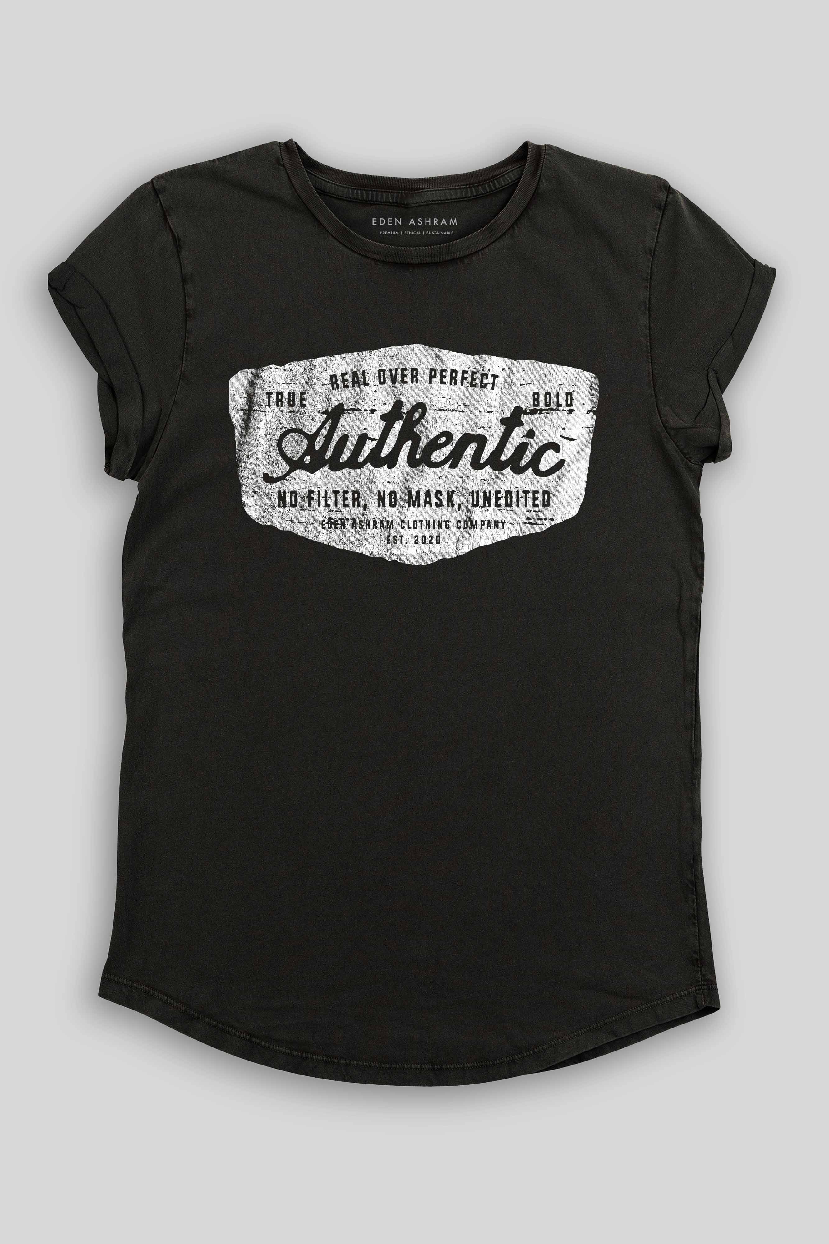 Eden Ashram Authentic Premium Rolled Sleeve T-Shirt Stonewash Black