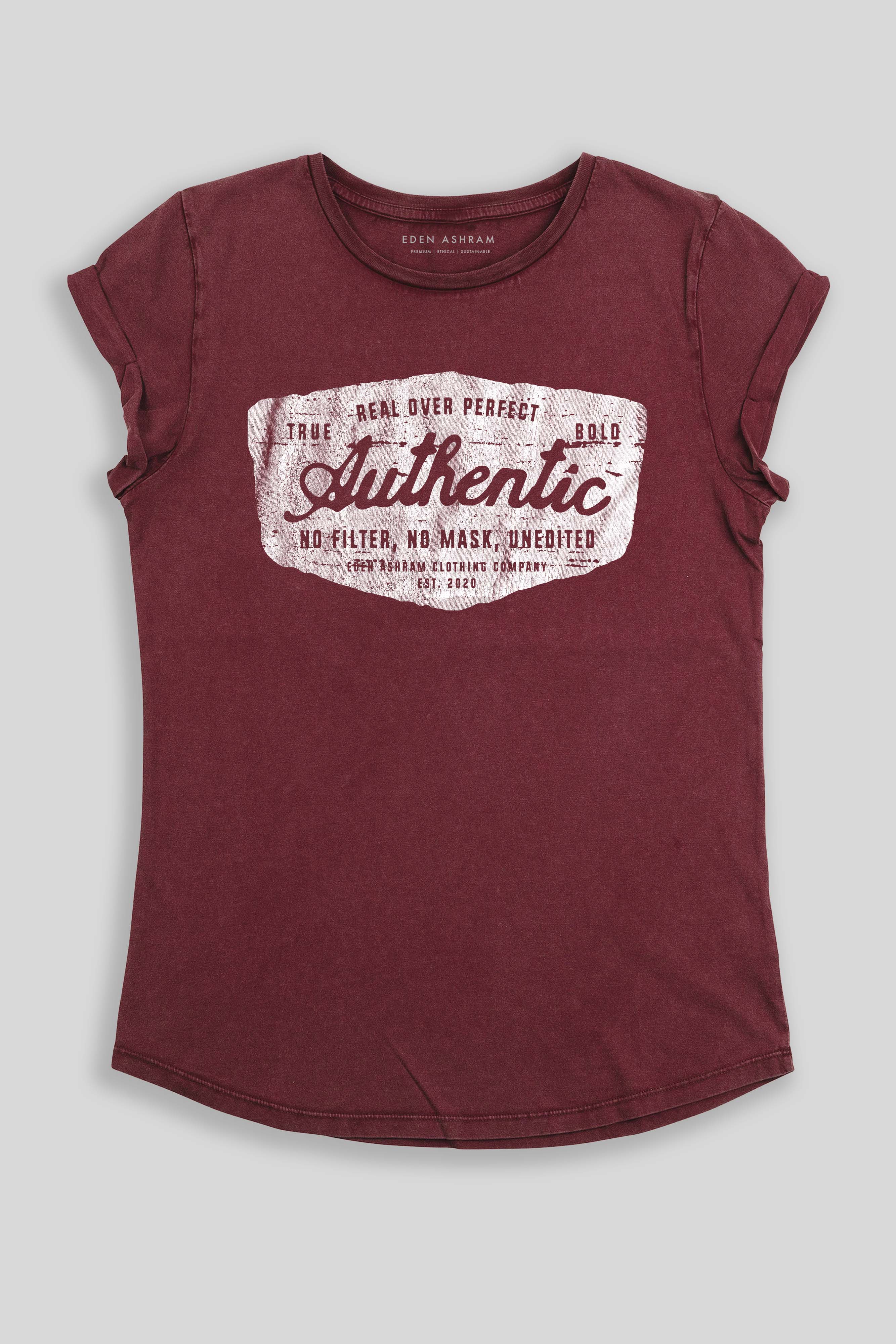 Eden Ashram Authentic Premium Rolled Sleeve T-Shirt Stonewash Burgundy
