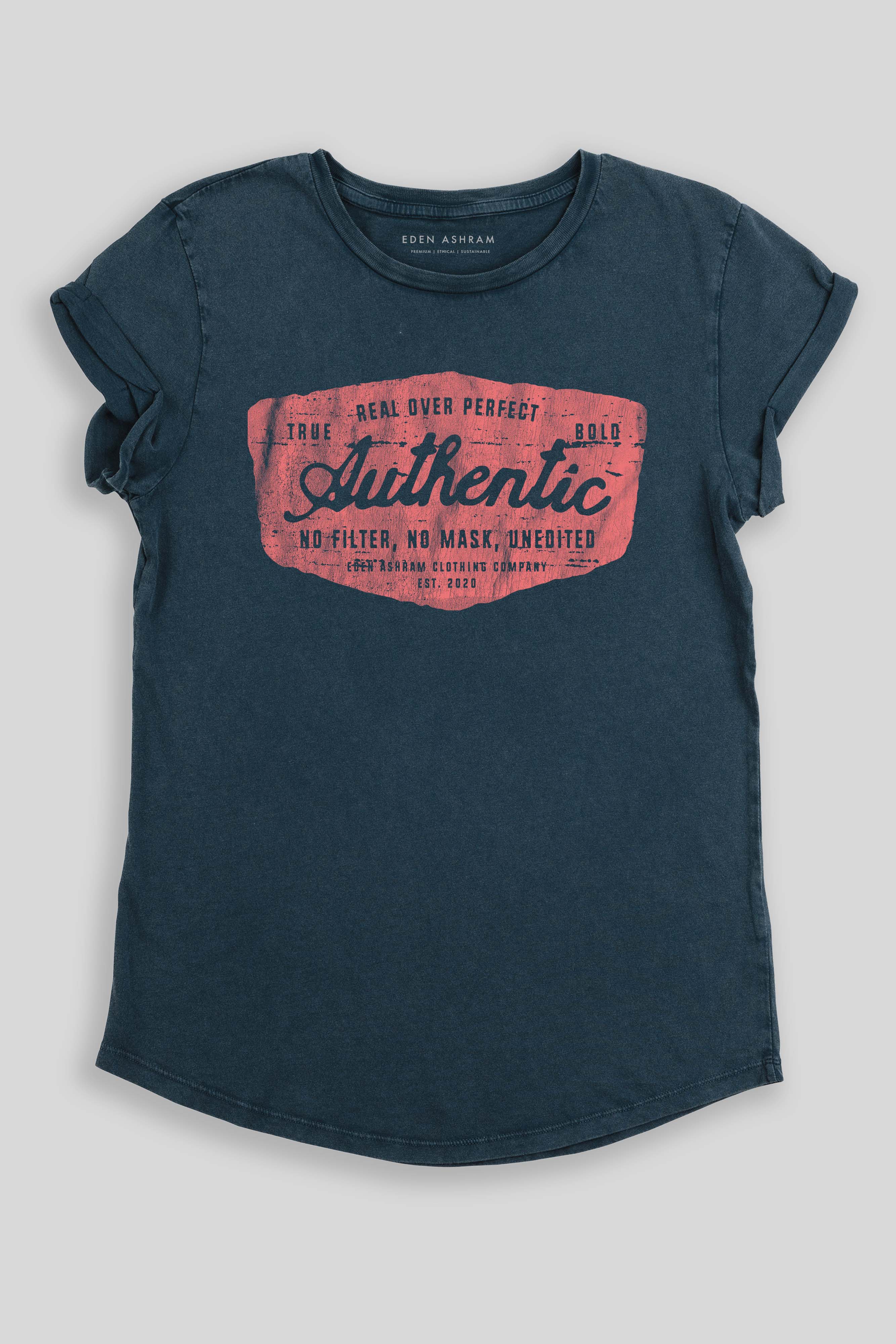 Eden Ashram Authentic Premium Rolled Sleeve T-Shirt Stonewash Denim