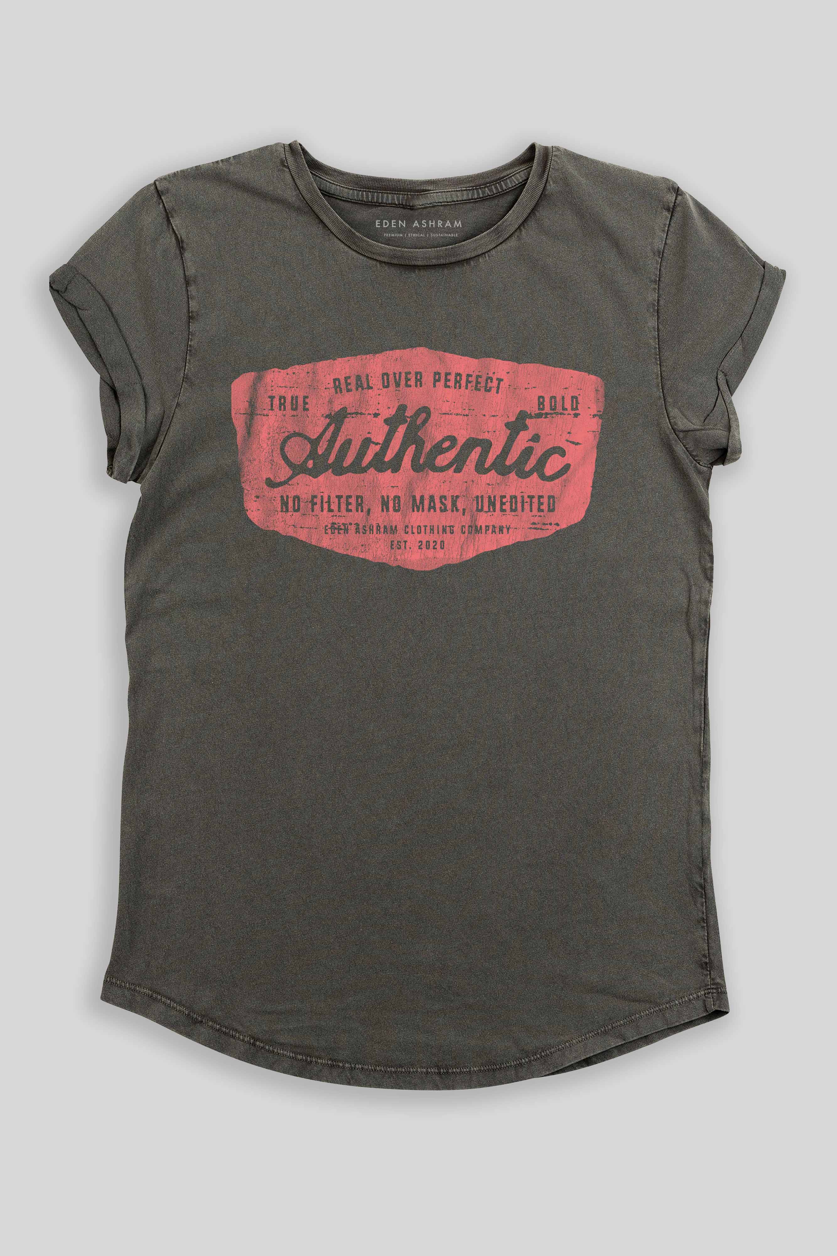 Eden Ashram Authentic Premium Rolled Sleeve T-Shirt Stonewash Grey