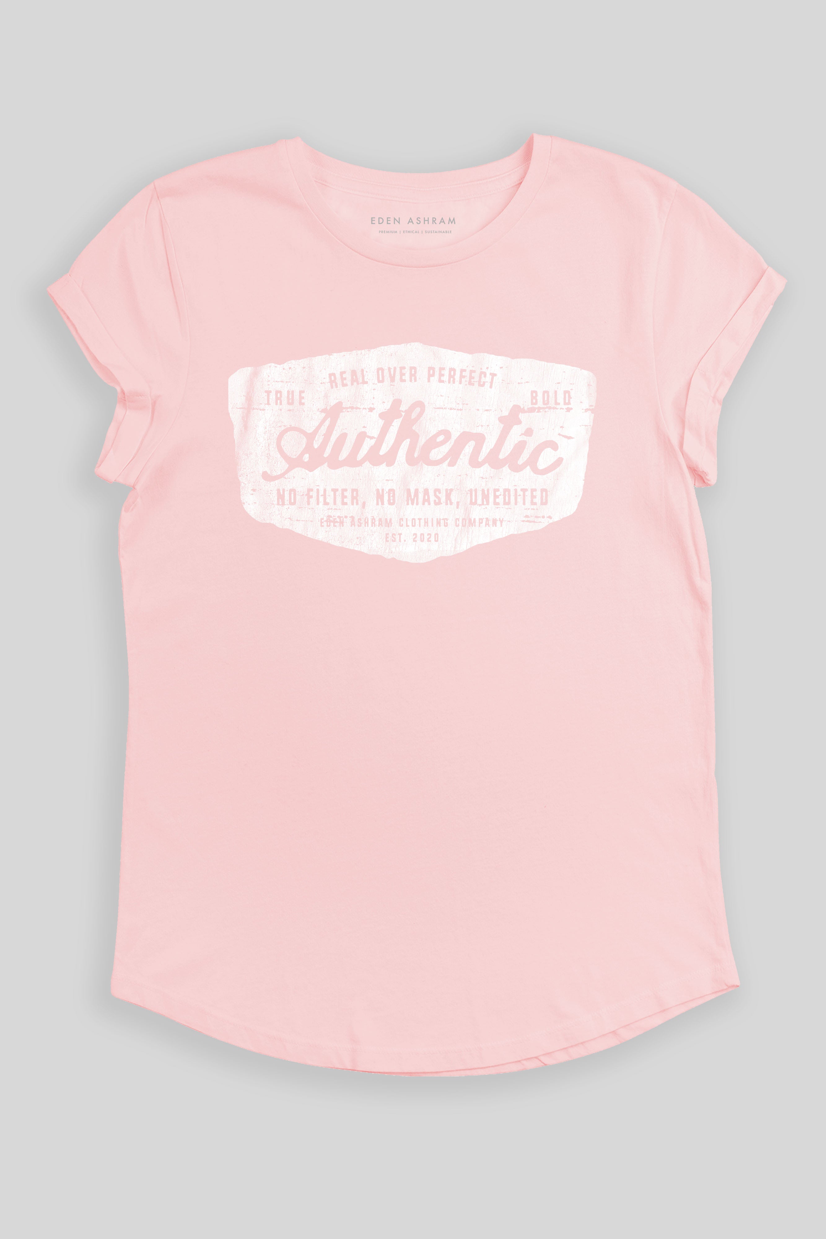 Eden Ashram Authentic Premium Rolled Sleeve T-Shirt Stonewash Pink