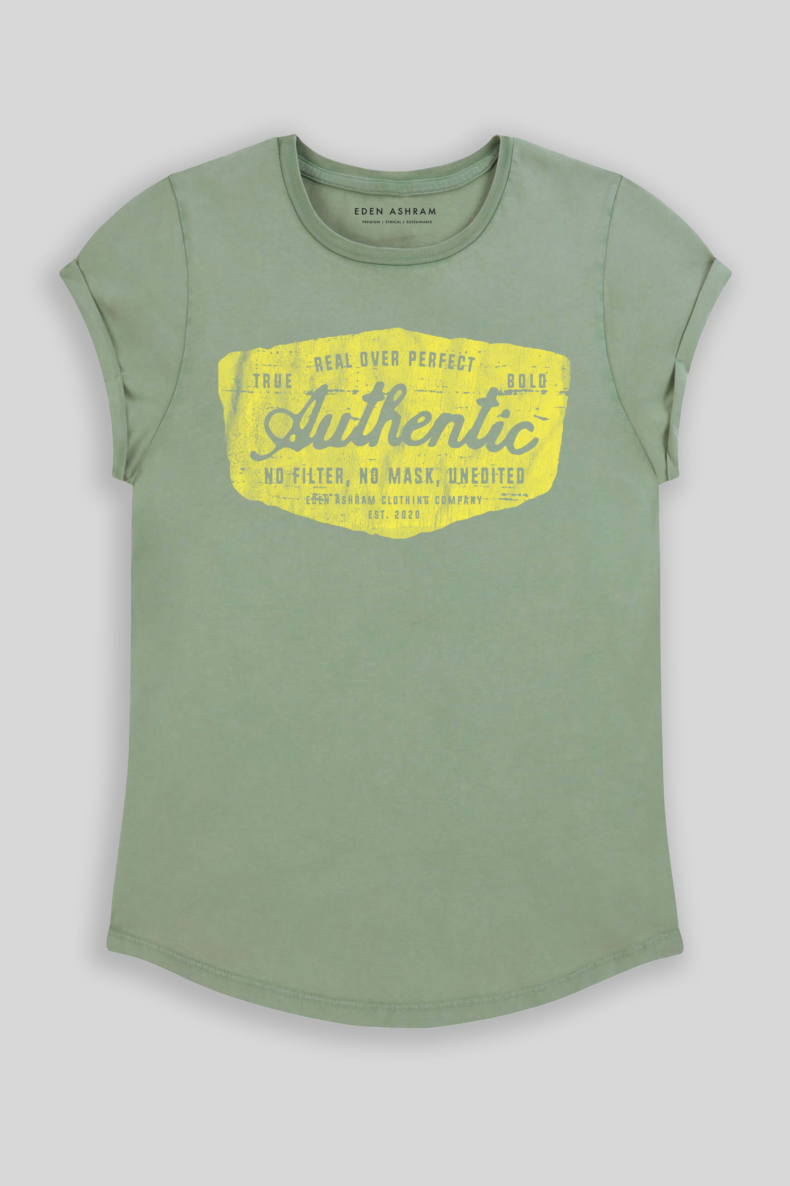 Eden Ashram Authentic Premium Rolled Sleeve T-Shirt Stonewash Sage