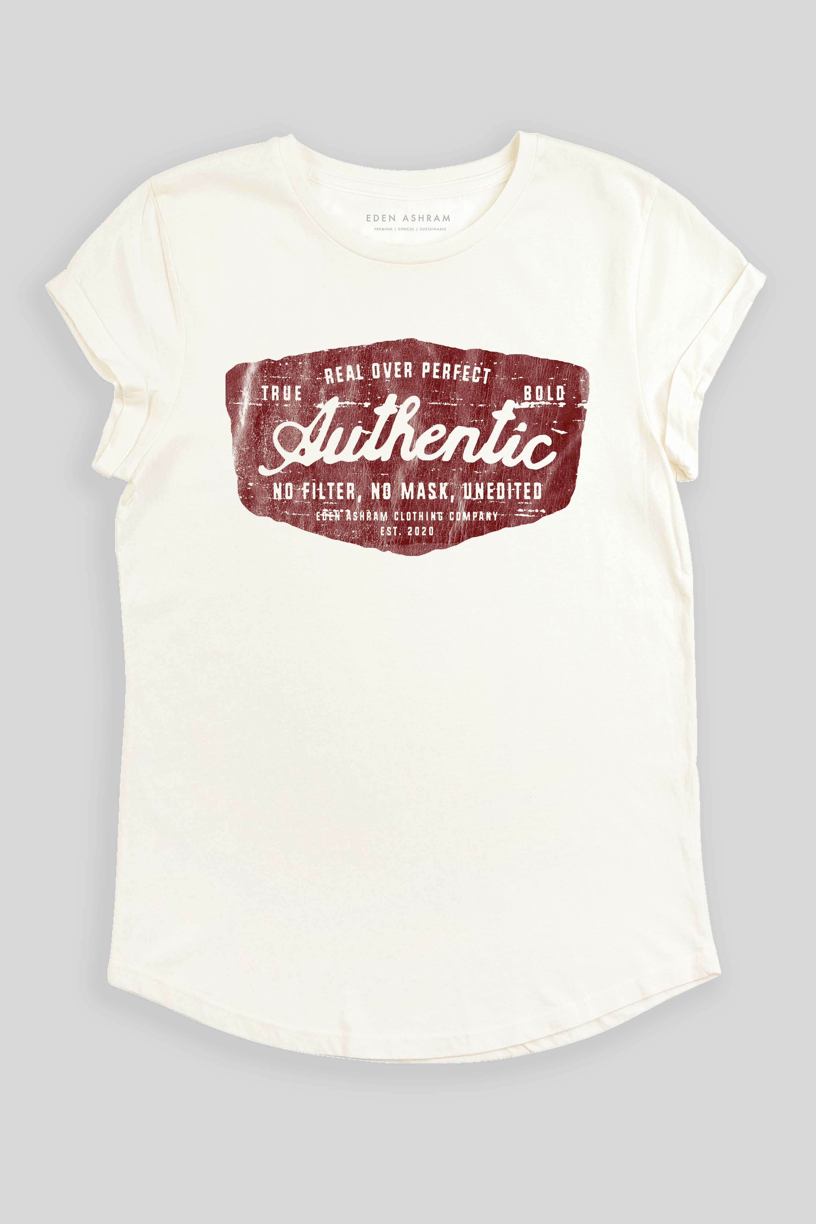 Eden Ashram Authentic Premium Rolled Sleeve T-Shirt Stonewash White