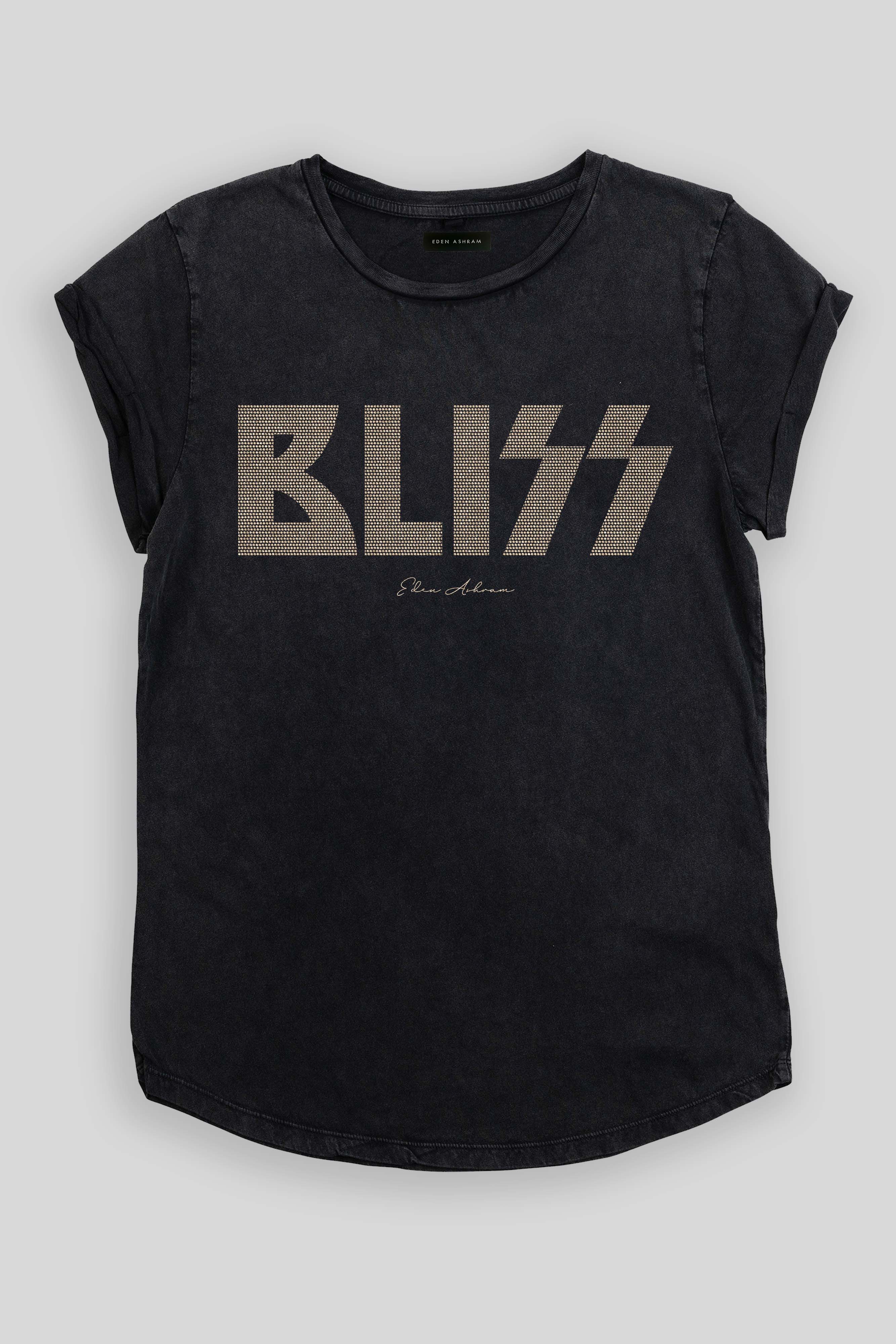 EDEN ASHRAM BLISS Rolled Sleeve Tour T-Shirt Stonewash Black | Gold