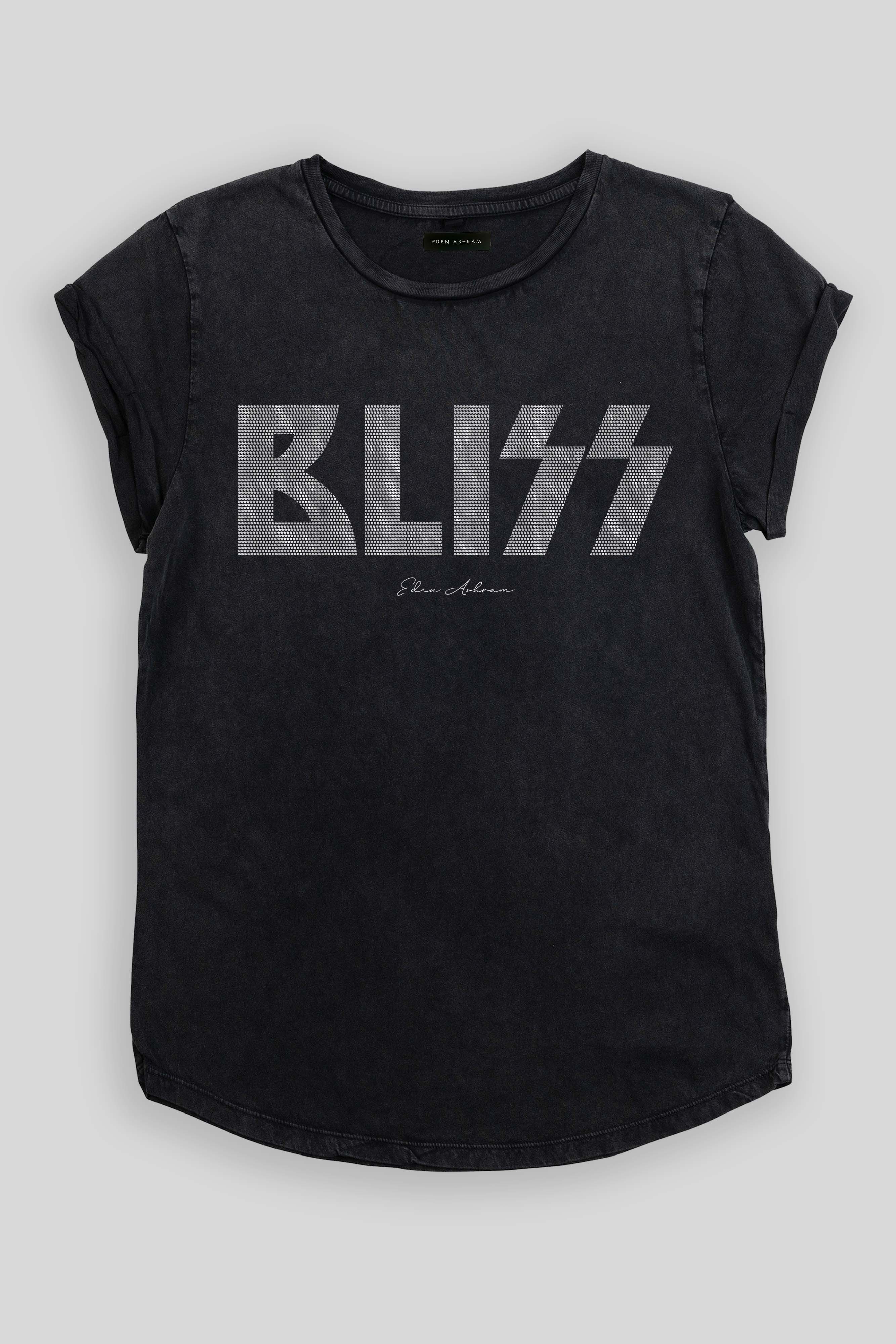 EDEN ASHRAM BLISS Rolled Sleeve Tour T-Shirt Stonewash Black | Silver