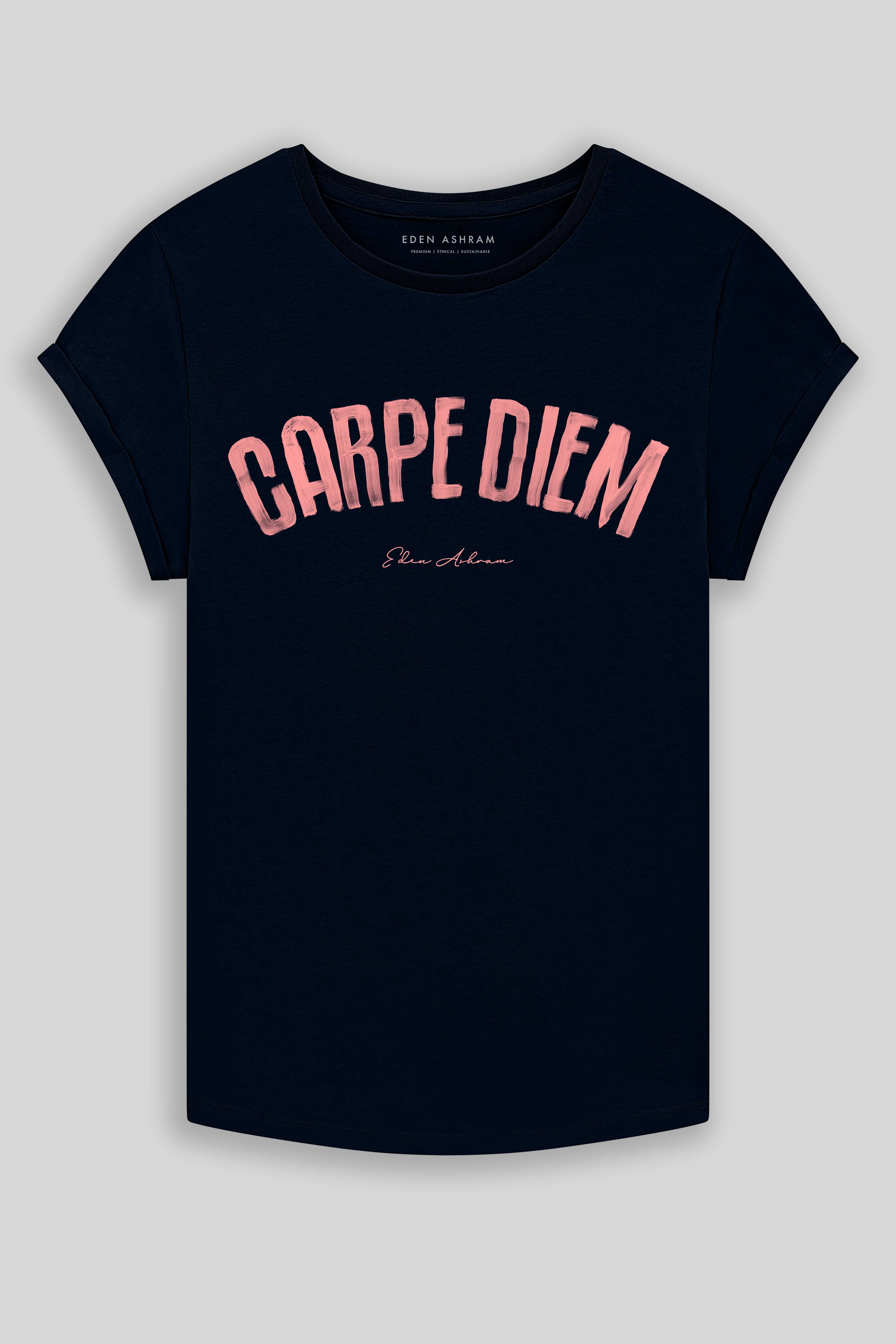 Eden Ashram Carpe Diem Premium Rolled Sleeve T-Shirt Dark Navy