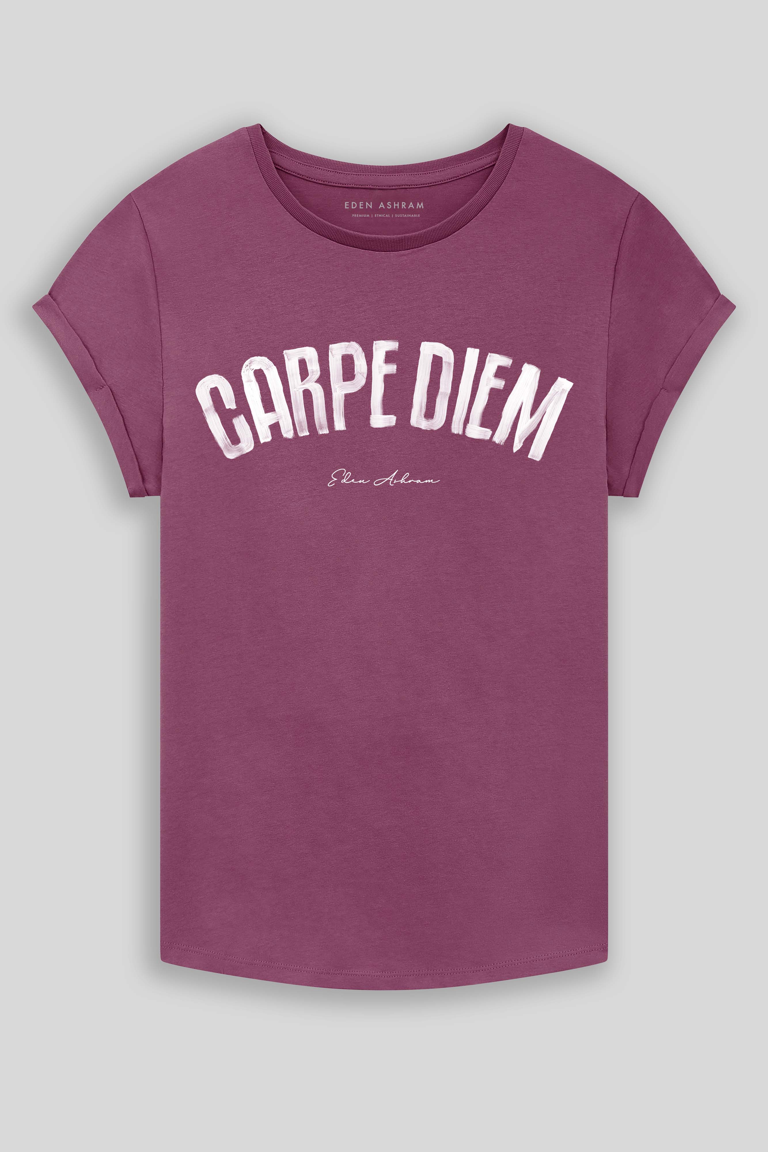 Eden Ashram Carpe Diem Premium Rolled Sleeve T-Shirt Faded Burgundy