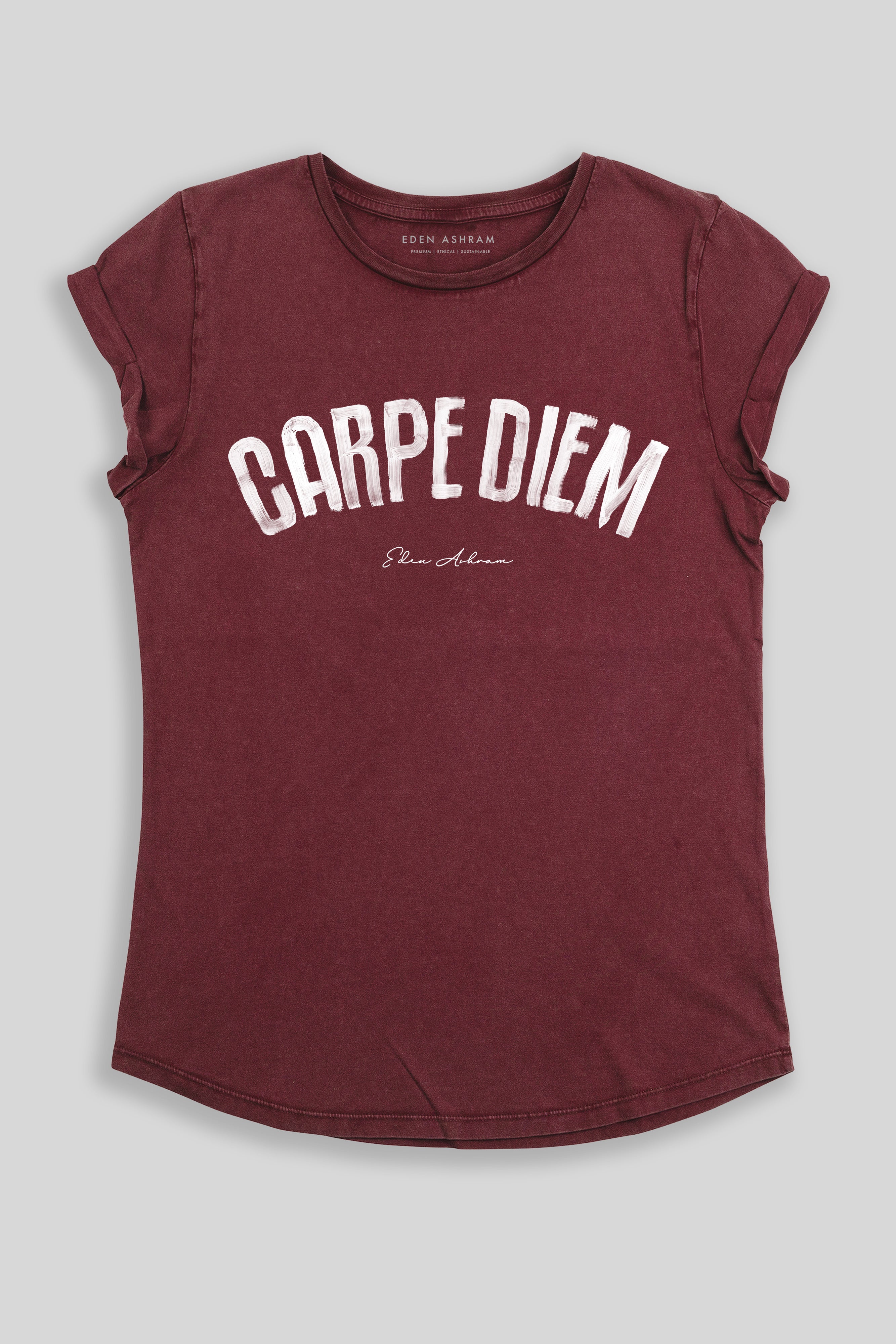 Eden Ashram Carpe Diem Premium Rolled Sleeve T-Shirt Stonewash Burgundy