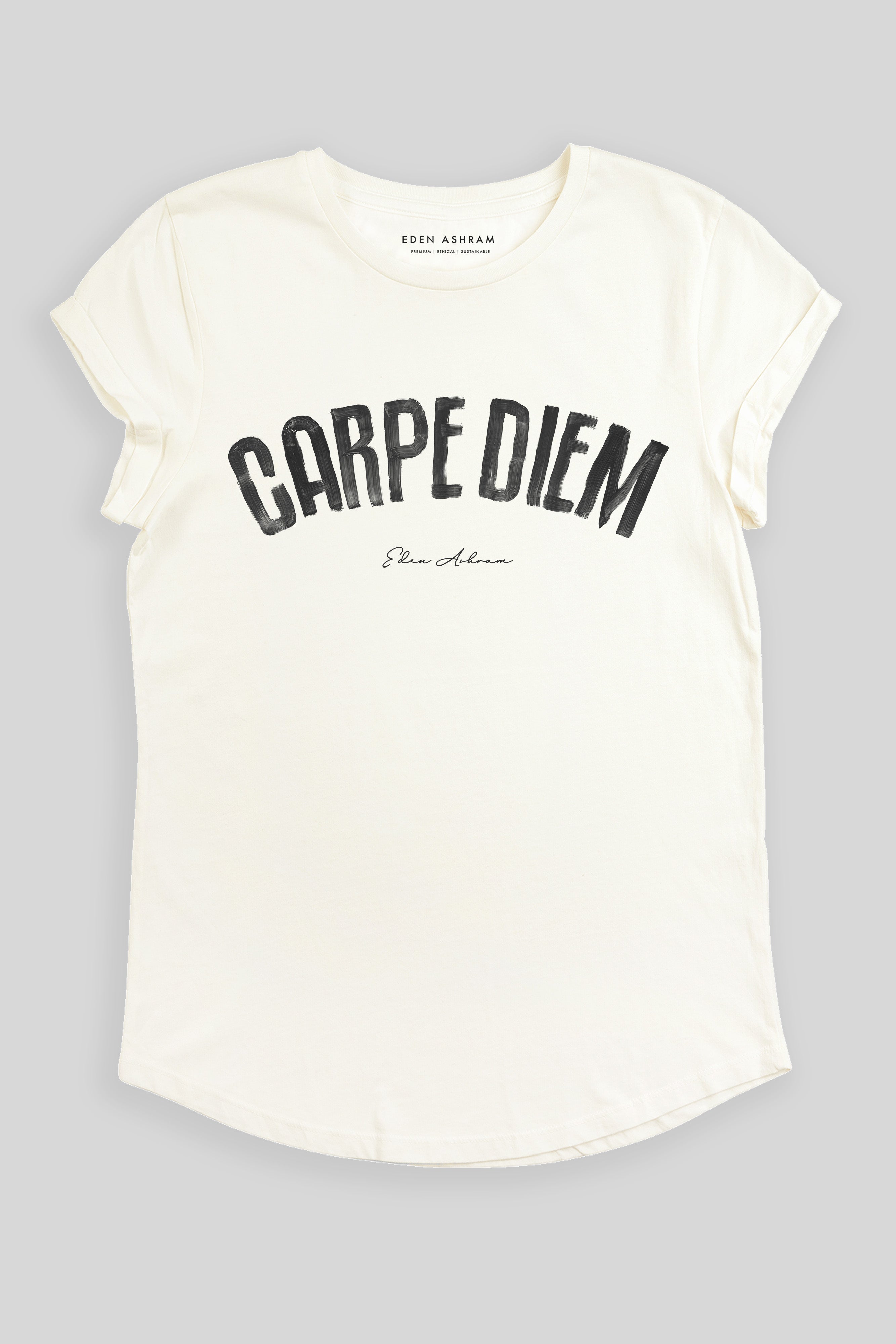 Eden Ashram Carpe Diem Premium Rolled Sleeve T-Shirt Stonewash White