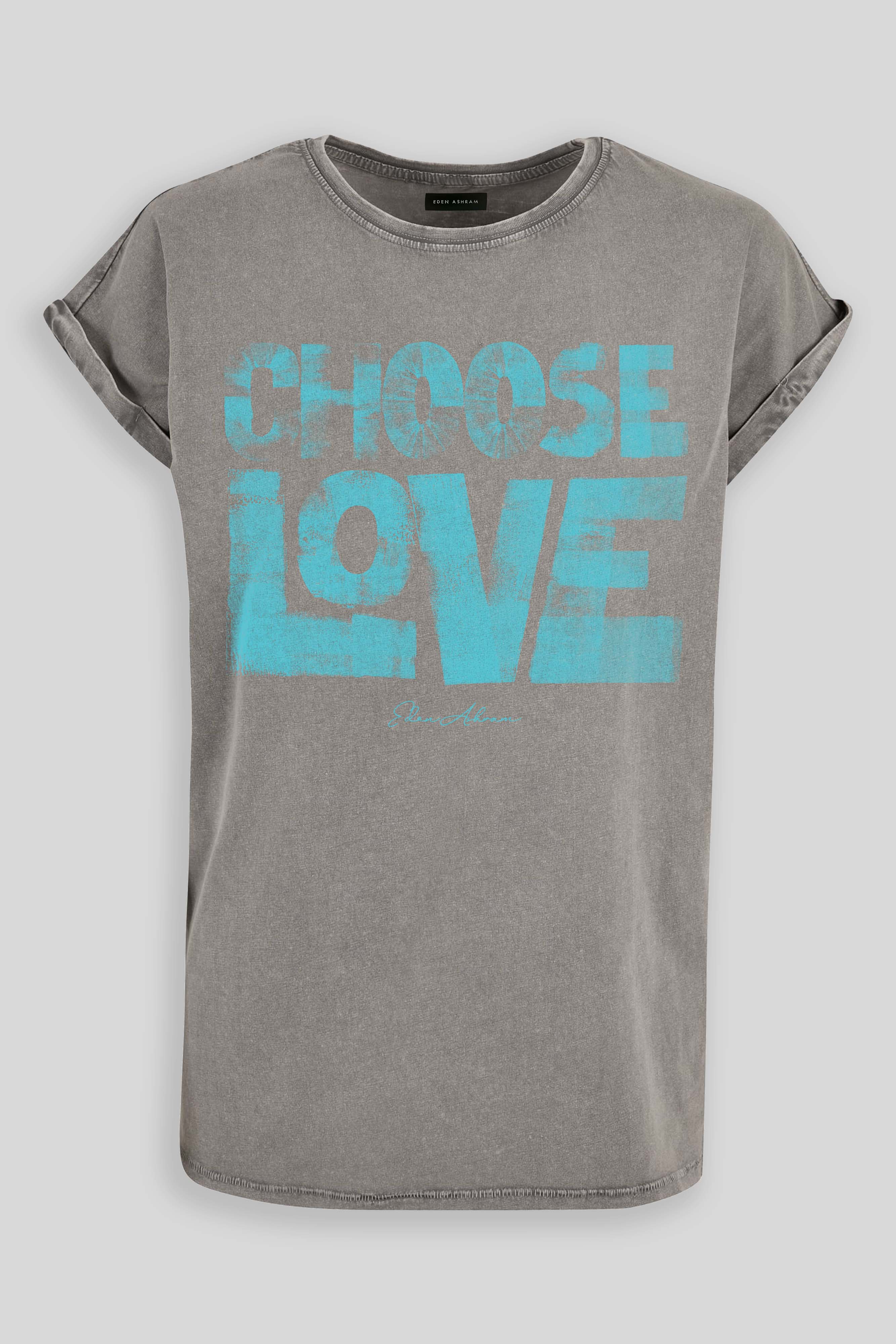EDEN ASHRAM Choose Love Premium Relaxed Boyfriend T-Shirt Acid Grey / Blue