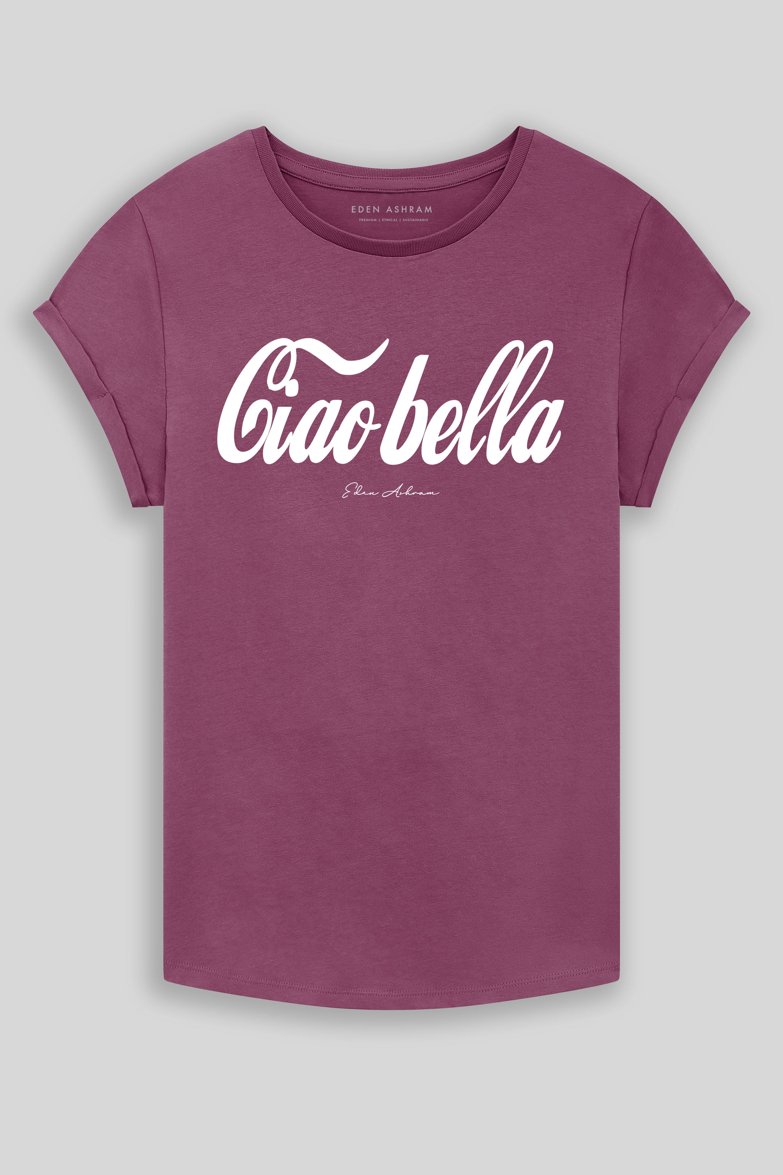 Eden Ashram Ciao Bella Premium Rolled Sleeve T-Shirt Faded Burgundy