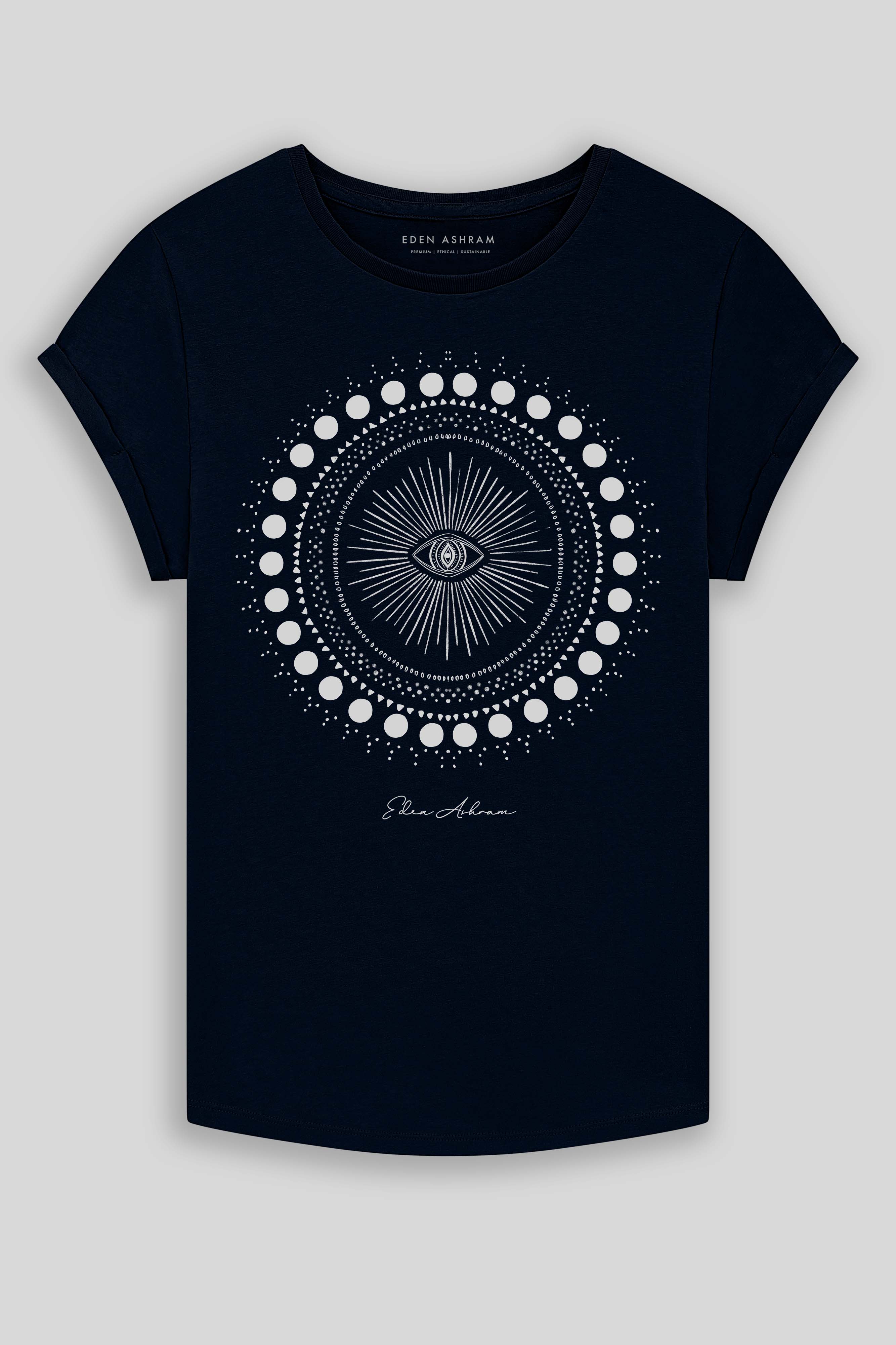Eden Ashram Cosmic Eye Mandala Premium Rolled Sleeve T-Shirt French Navy